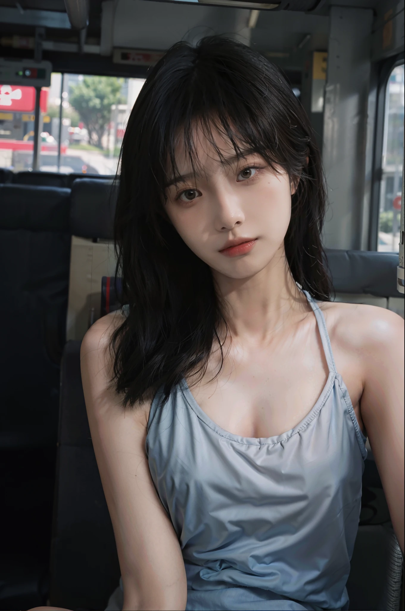 8K,best qualtiy,tmasterpiece,超高分辨率,(真实感:1.4),RAW photogr,(True skin texture:1.3),(filmgrain:1.3),(Selfie angle),1个Giant Breast Girl,Beautiful eye and face details,tmasterpiece,Best quality at best,closeup cleavage,swimming uniform,On the bus,