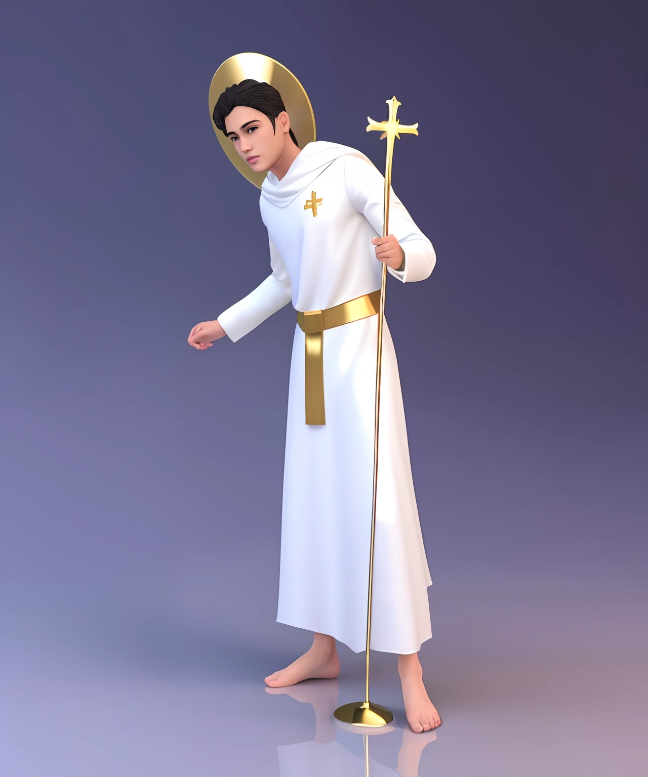 Imagem de um homem vestido com um manto branco e uma cruz dourada, Santo de ouro bonito, Santo ortodoxo, Described as a 3D rendering, render divino, NPC com halo de santo, NPC com um santo\halo do, homem de santo, imagem renderizada, christian saint rosace, santo, picture of a male cleric, cleric, 3 d render stylized