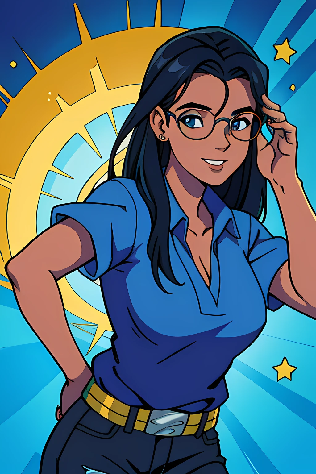 mulher com pele clara, cabelo preto , eyeglass, rosto alegre, seios pequenos , usando camisa azul simples, pessoa feliz sorrindo, Detail in the hands, olhos detalhados