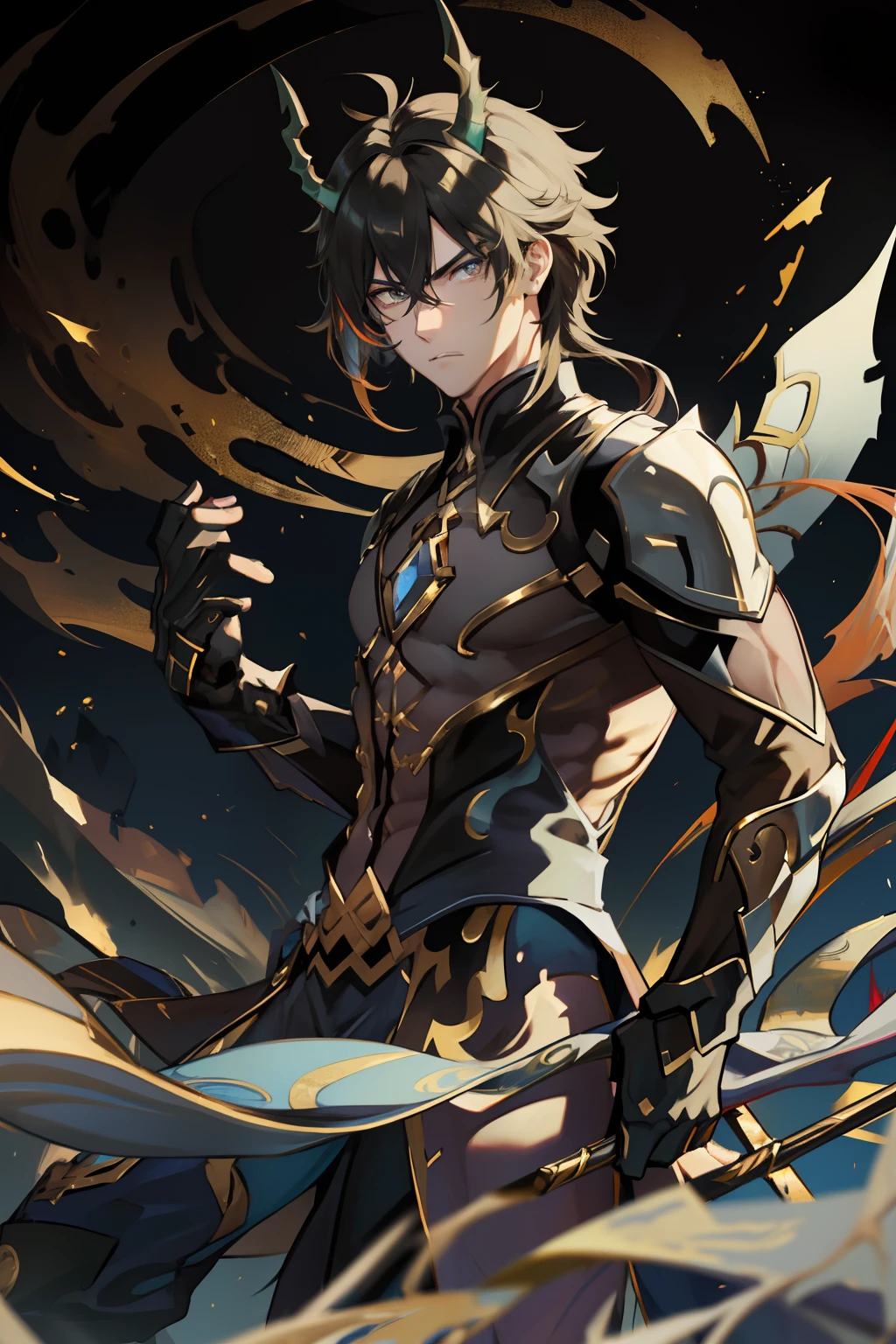 (absurderes,A high resolution,Hyper-detailing,hdr),Dragon's horn,younge boy,tmasterpiece,best qualtiy,1人,独奏,Handsome,Golden eyes,Fine eyes and detailed face,toppless,Tattooed with,arma,Indifferent and arrogant,Abs,chest muscle,Raised sexy,Ruffian,Show your temperament,Male,masculine appeal,Male characteristics are distinct,Long messy hair,Arrogant,self-assured,Majestically holding a spear,Pondering,Legs crossed,white pantie,supreme,Lazy,Handsome,