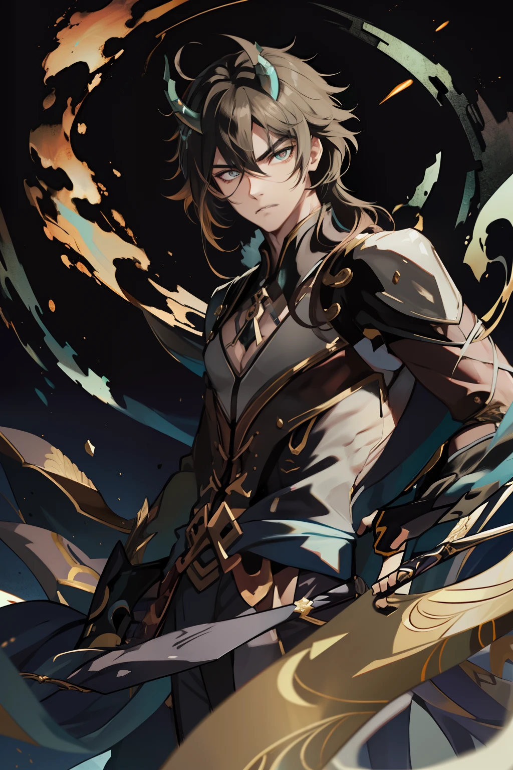 (absurderes,A high resolution,Hyper-detailing,hdr),Dragon's horn,younge boy,tmasterpiece,best qualtiy,1人,独奏,Handsome,Golden eyes,Fine eyes and detailed face,toppless,Tattooed with,arma,Indifferent and arrogant,Abs,chest muscle,Raised sexy,Ruffian,Show your temperament,Male,masculine appeal,Male characteristics are distinct,Long messy hair,Arrogant,self-assured,Majestically holding a spear,Pondering,Legs crossed,white pantie,supreme,Lazy,Handsome,