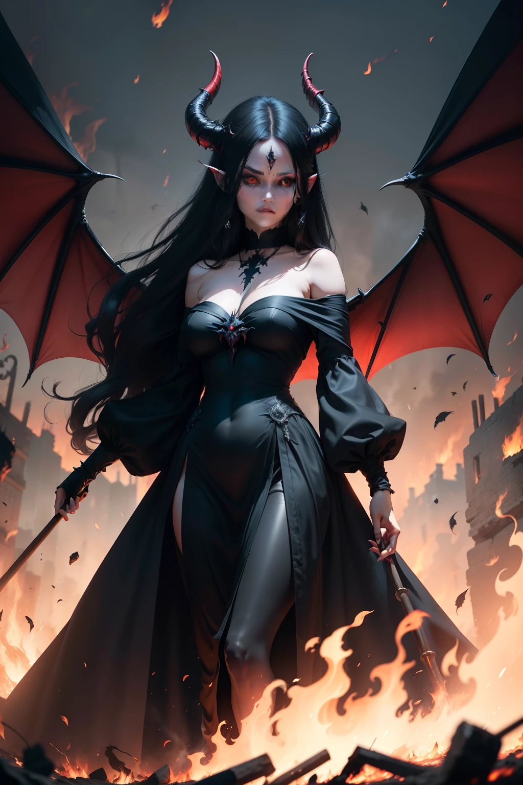 A demonic woman with three eyes and with big devilish wings that are far from the ground and a long black silk dress with a big stick.
in the middle of the fire
