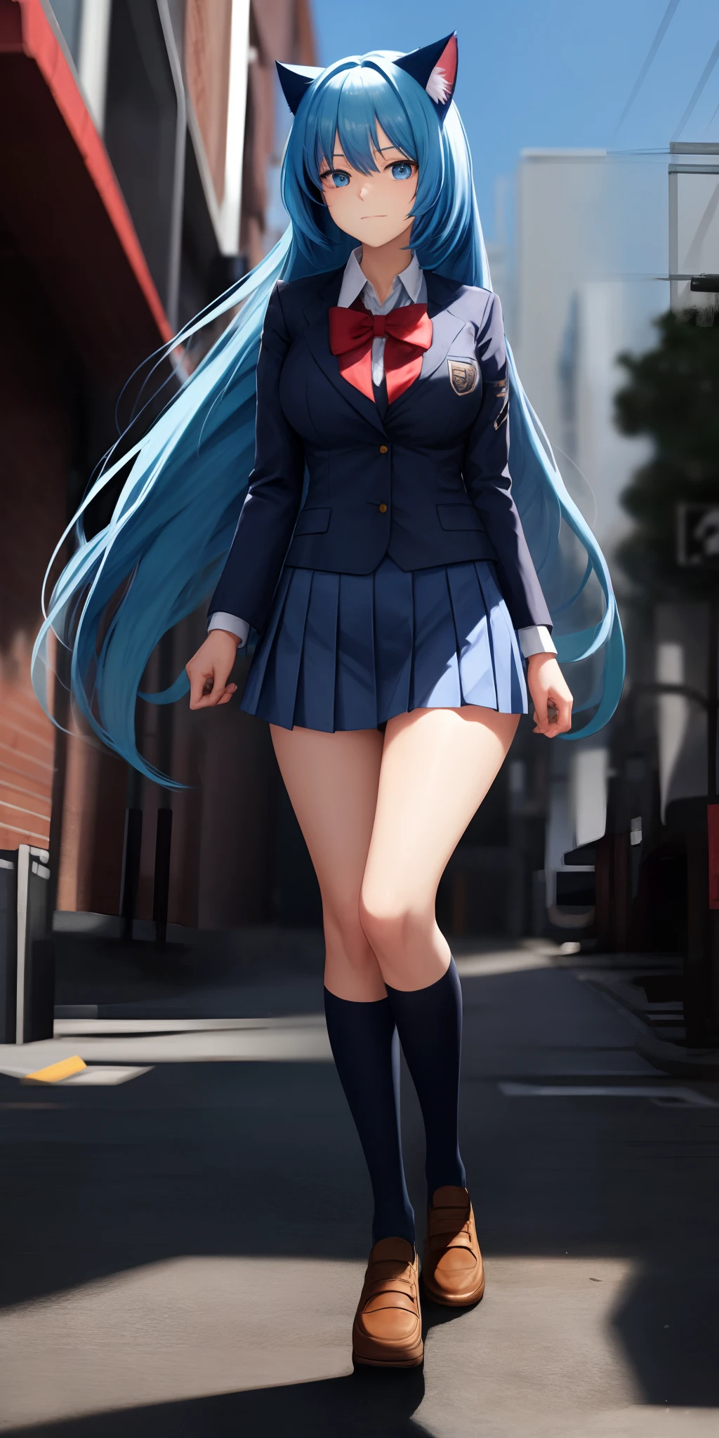 Long hair, light blue hair, light blie cat ears, anime, light blue eyes, student uniform, very
shy, looking at viewer, short skirt