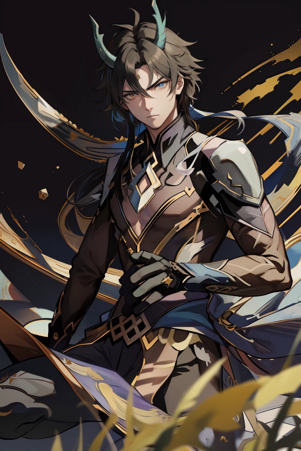 (absurderes,A high resolution,Hyper-detailing,hdr),Dragon's horn,younge boy,tmasterpiece,best qualtiy,1人,独奏,Handsome,Golden eyes,Fine eyes and detailed face,toppless,Tattooed with,arma,Indifferent and arrogant,Abs,chest muscle,Raised sexy,Ruffian,Show your temperament,Male,masculine appeal,Male characteristics are distinct,Long messy hair,Arrogant,self-assured,Majestically holding a spear,Pondering,Legs crossed,white pantie,supreme,Lazy,Handsome,