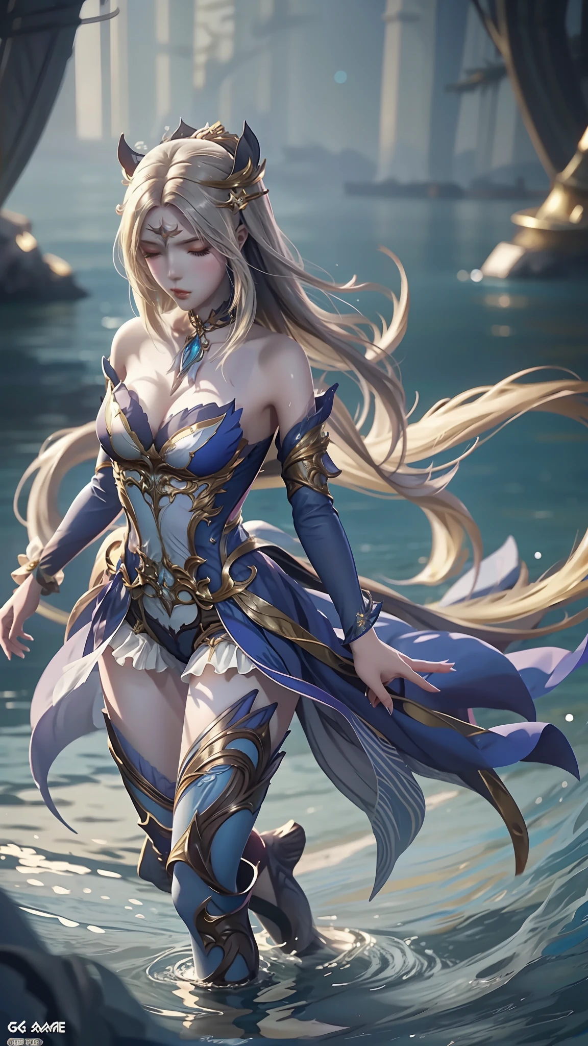 Arapei in a dress stands in the water, Anime girl walking on water, closeup fantasy with water magic, azur lane style, trending on cgstation, Anime girl cosplay, seraphine ahri kda, Splash art anime Loli, trending at cgstation, realistic water, water fairy, WLOP and Sakimichan