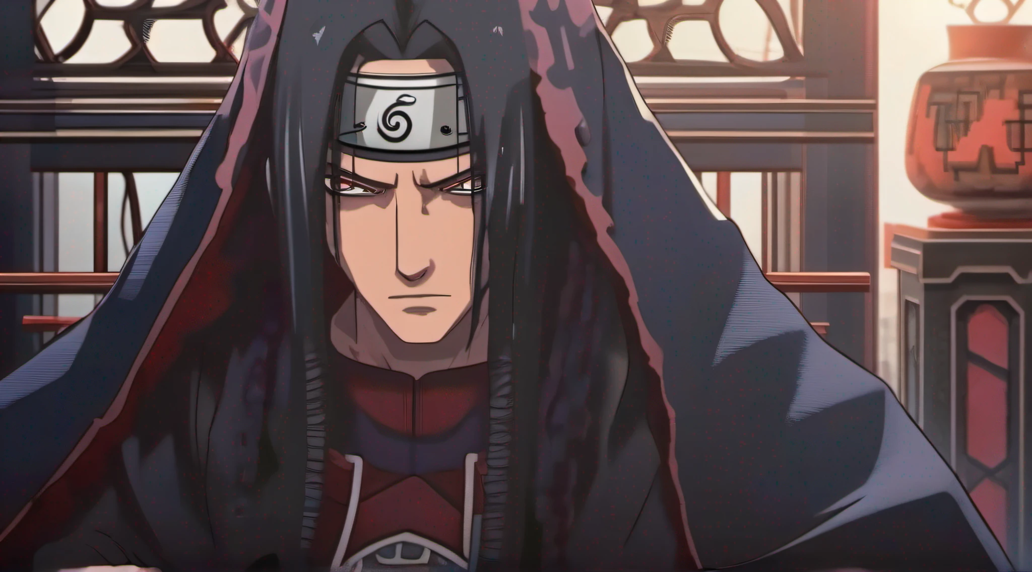 O Rei Uchiha Itachi Sozinho Sentado Em Um Trono Feito De Penas Pretas, Hiper Detalhado, Hiper Realista Melhor Qualidade