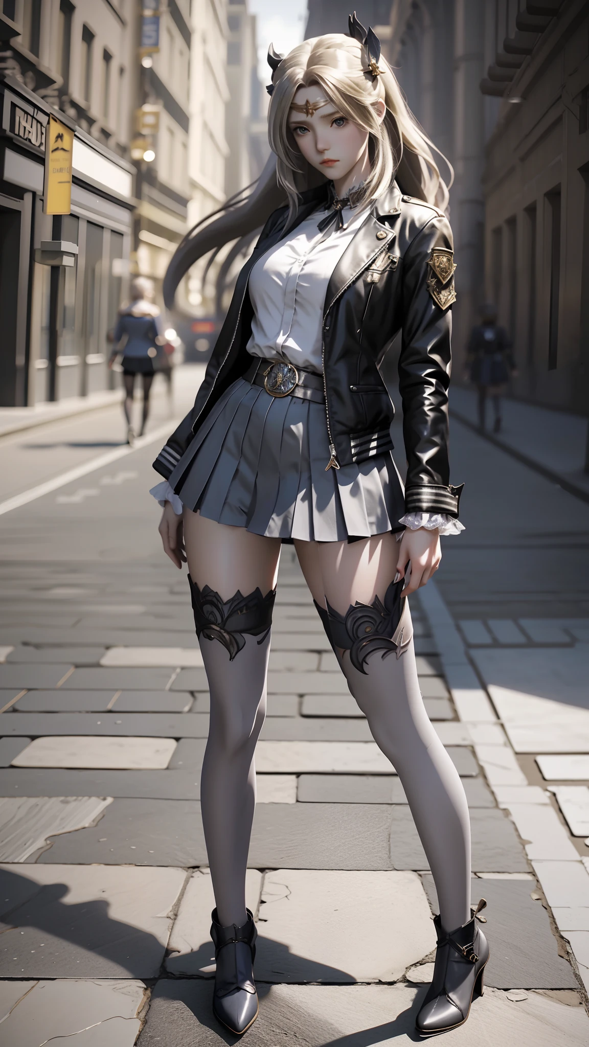 There is a woman in a short skirt and jacket posing for a photo, Surrealism female students, Surrealism female students, Realistic schoolgirl, photorealistic anime girl rendering, small curvaceous ****, thighhighs and skirt, 3 d anime realistic, highly detailed giantess shot, Photorealistic anime, photorealistic full body, [ 4 K photorealism ]!!