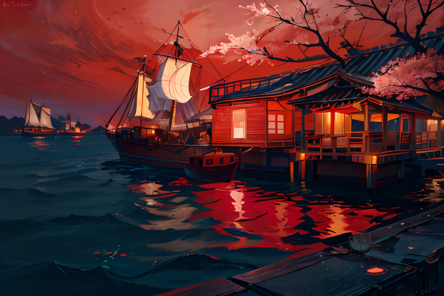 during night, An old marching ship , Sailing, Crimson Moon ,Red cherry blossom tree, River ,high tide,Rock music, calm, fascinating views, Moonshine scent,fascinating views,,Digital painting,Winding,concept-art, illustration,((Light red theme))