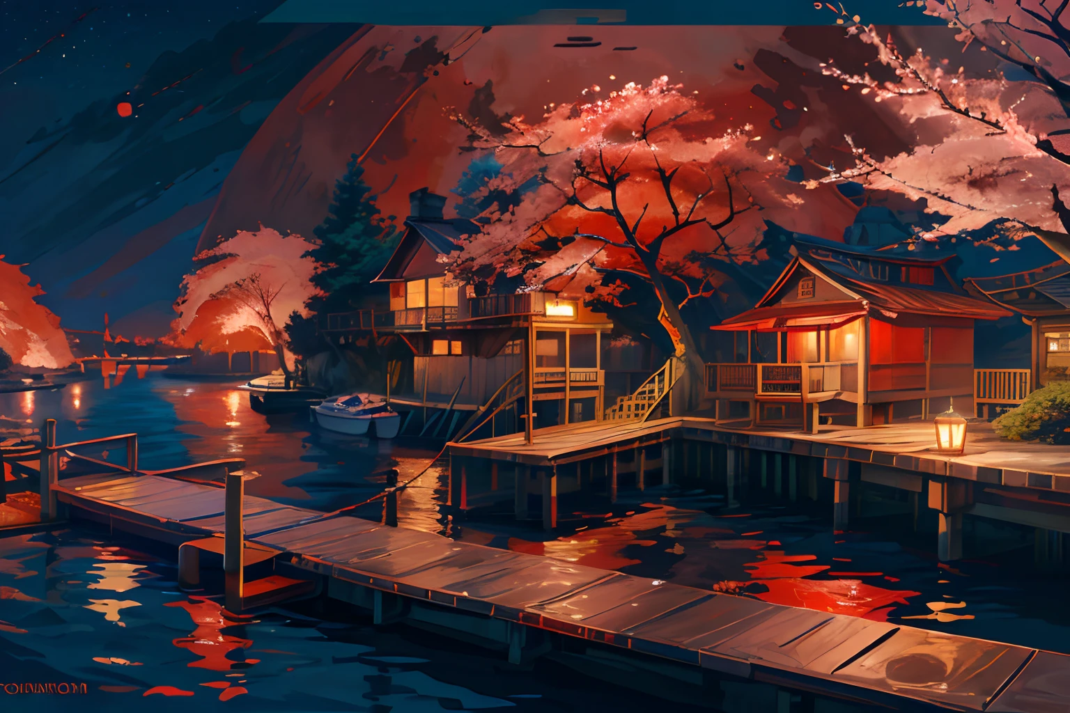 during night, An old marching ship , Sailing, Crimson Moon ,Red cherry blossom tree, River ,high tide,Rock music, calm, fascinating views, Moonshine scent,fascinating views,,Digital painting,Winding,concept-art, illustration,((Light red theme))