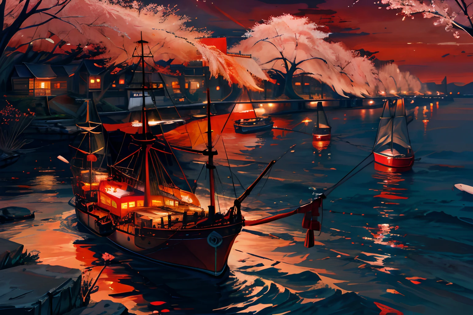 during night, An old marching ship , Sailing, Crimson Moon ,Red cherry blossom tree, River ,high tide,Rock music, calm, fascinating views, Moonshine scent,fascinating views,,Digital painting,Winding,concept-art, illustration,((Light red theme))