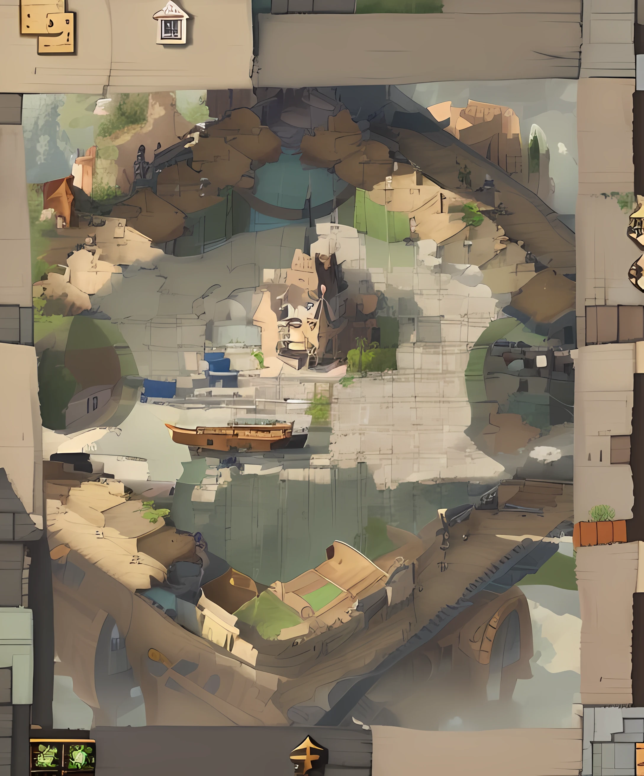 There is a small village consisting of various neighborhoods,(Monopoly gameplay form)There is a square in the middle, style of maple story, rpg game style, maple story, isometric 2 d game art, 2D game fanart, maple story indiana jones, rpg game, Disgaia, isometric game art, side scroller game, In role-playing games, gameplay screenshot with ui
