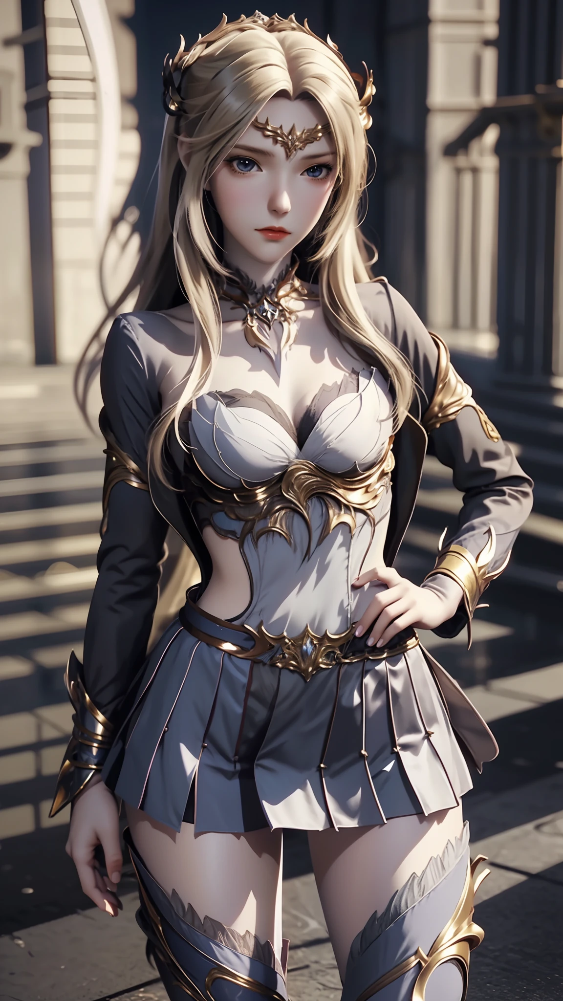 There is a woman in a short skirt and jacket posing for a photo, Surrealism female students, Surrealism female students, Realistic schoolgirl, photorealistic anime girl rendering, small curvaceous , thighhighs and skirt, 3 d anime realistic, highly detailed giantess shot, Photorealistic anime, photorealistic full body, [ 4 K photorealism ]!!