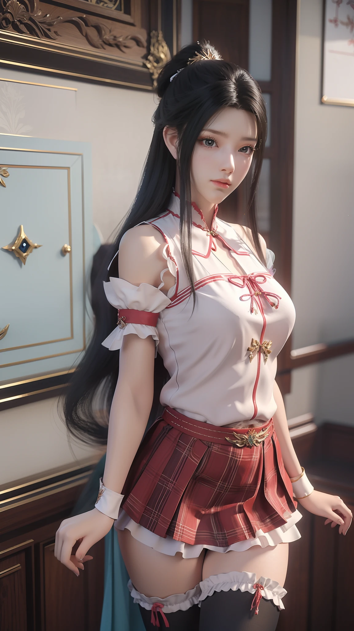 anime - style image of a woman in a short skirt and shirt, seductive anime girls, Smooth anime CG art, Surrealism female students, Surrealism female students, thighhighs and skirt, photorealistic anime girl rendering, beautiful and seductive anime woman, Realistic schoolgirl, Realistic anime 3 D style, 3 d anime realistic, Beautiful Anime High School Girls