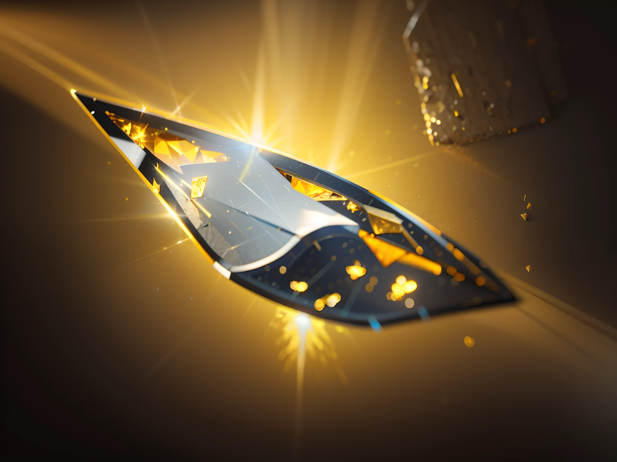 Masterpiece, Best quality, 8K, Realistic, A piece of iron, Sharp pieces of iron, Glows gold, metallic luster, meteorite, Sharp metal