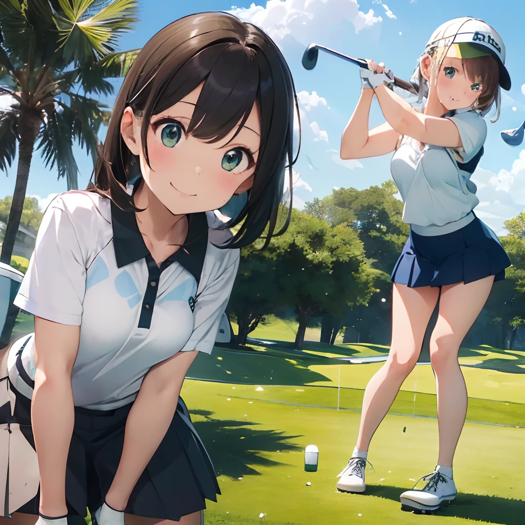 masutepiece, Best Quality, 8K_Wallpaper, (Beautiful eyes), ((Cute)), Cute, (lovely), (Golf course on a sunny day),1girl in,small tits,1 girl,Standing Girl,Smile,facial close-up、portlate(((Playing golf)))、(((I am playing golf putting on the green )))、((Golf Wear))、