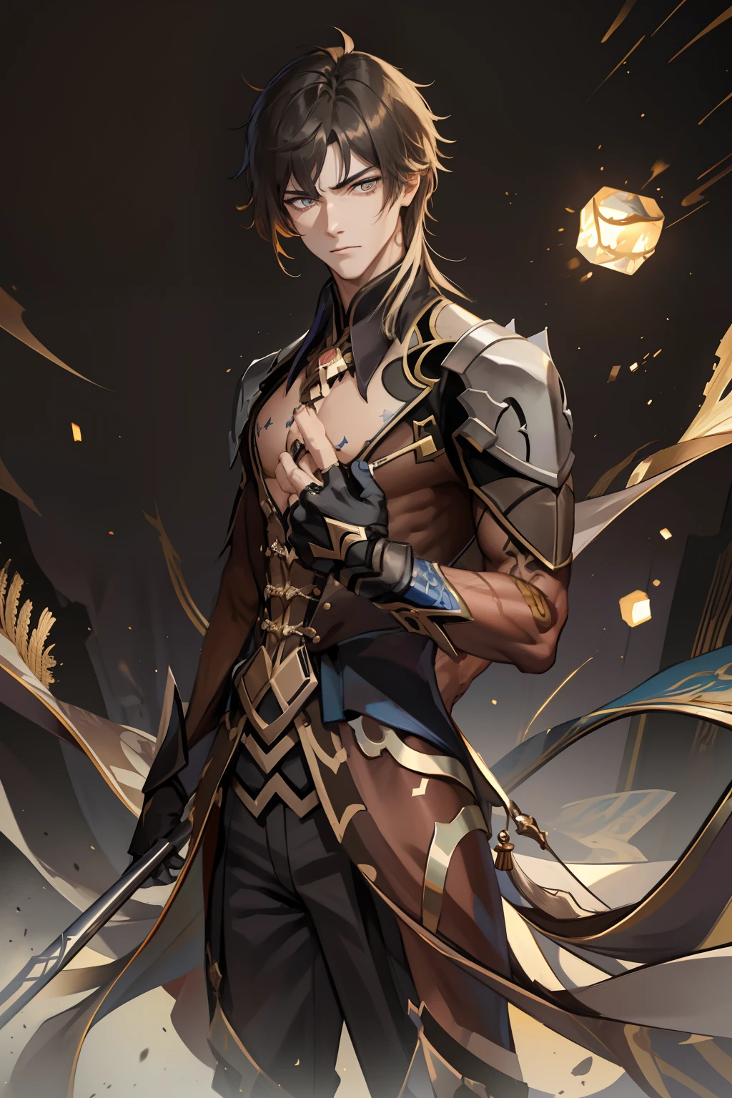 (absurderes,A high resolution,Hyper-detailing,hdr),younge boy,tmasterpiece,best qualtiy,1人,独奏,Handsome,Golden eyes,Fine eyes and detailed face,toppless,Tattooed with,arma,Indifferent and arrogant,Abs,chest muscle,Raised sexy,Ruffian,Show your temperament,Male,masculine appeal,Male characteristics are distinct,Long messy hair,Arrogant,self-assured,Majestically holding a spear,Pondering,Legs crossed,white pantie,supreme,Lazy,Handsome,