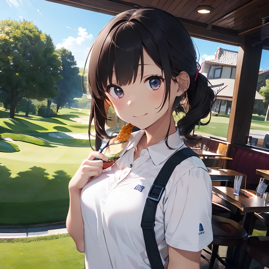 masutepiece, Best Quality, 8K_Wallpaper, (Beautiful eyes), ((Cute)), Cute, (lovely), (Golf course on a sunny day),1girl in,small tits,1 girl,Standing Girl,Smile,facial close-up、portlate(((Playing golf)))、(((Snacks at the restaurant)))、((Golf Wear))、