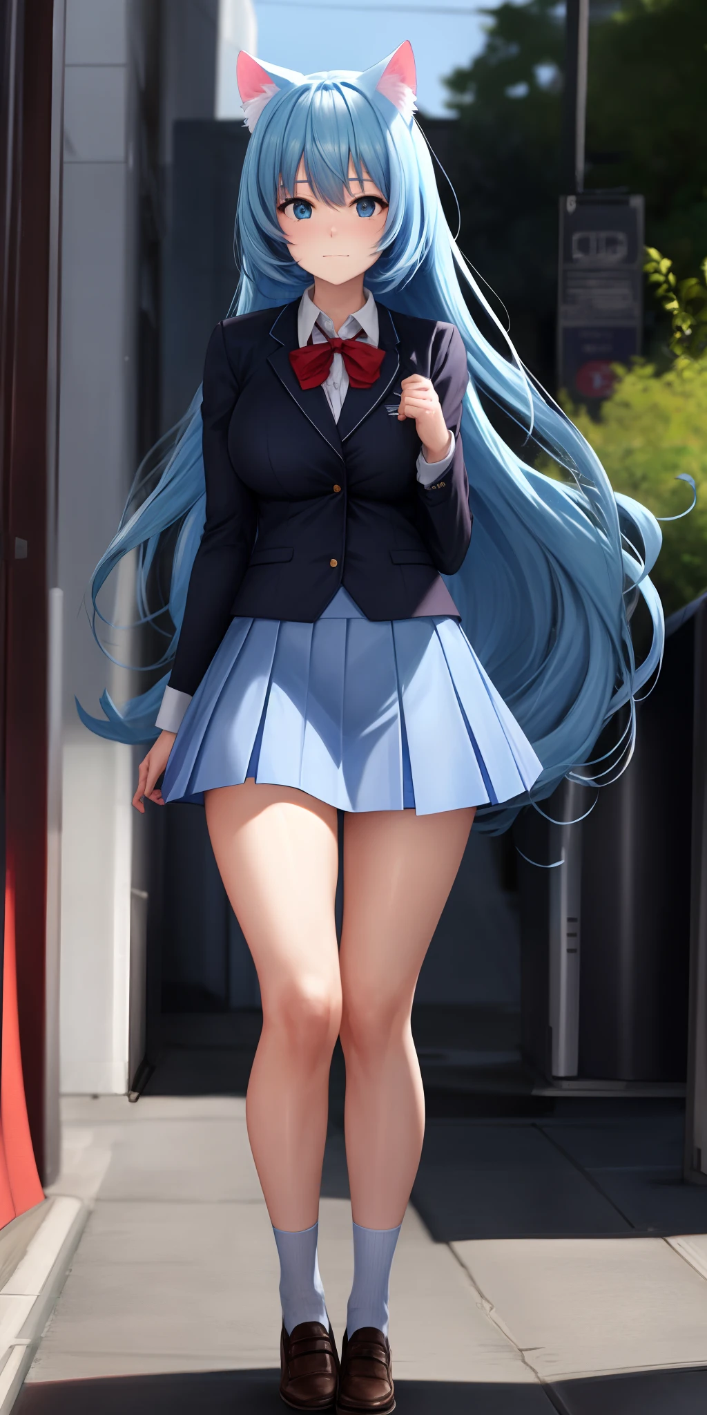 Long hair, light blue hair, light blie cat ears, anime, light blue eyes, student uniform, very 
shy, looking at viewer, short skirt, particularly