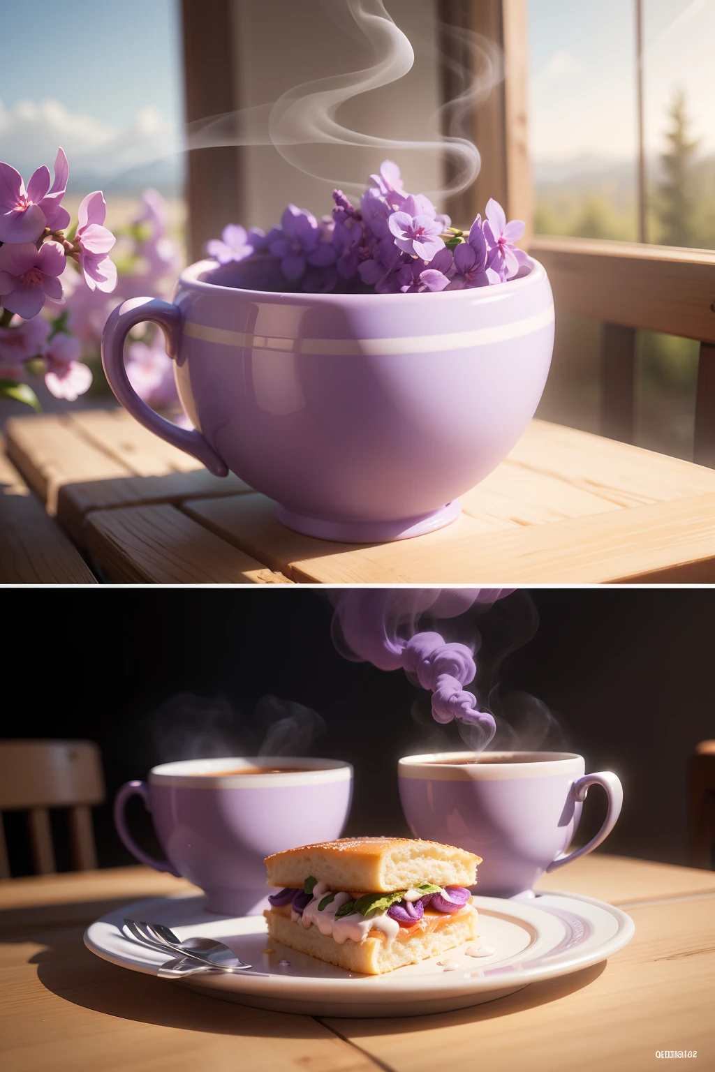 description: Make image of a breakfast Features: must have lilac cups with hot coffee smoke Scenery: They should be on the Action table: They should be delicious Quality: Foto ultra realista, qualidade 8k, fullhd