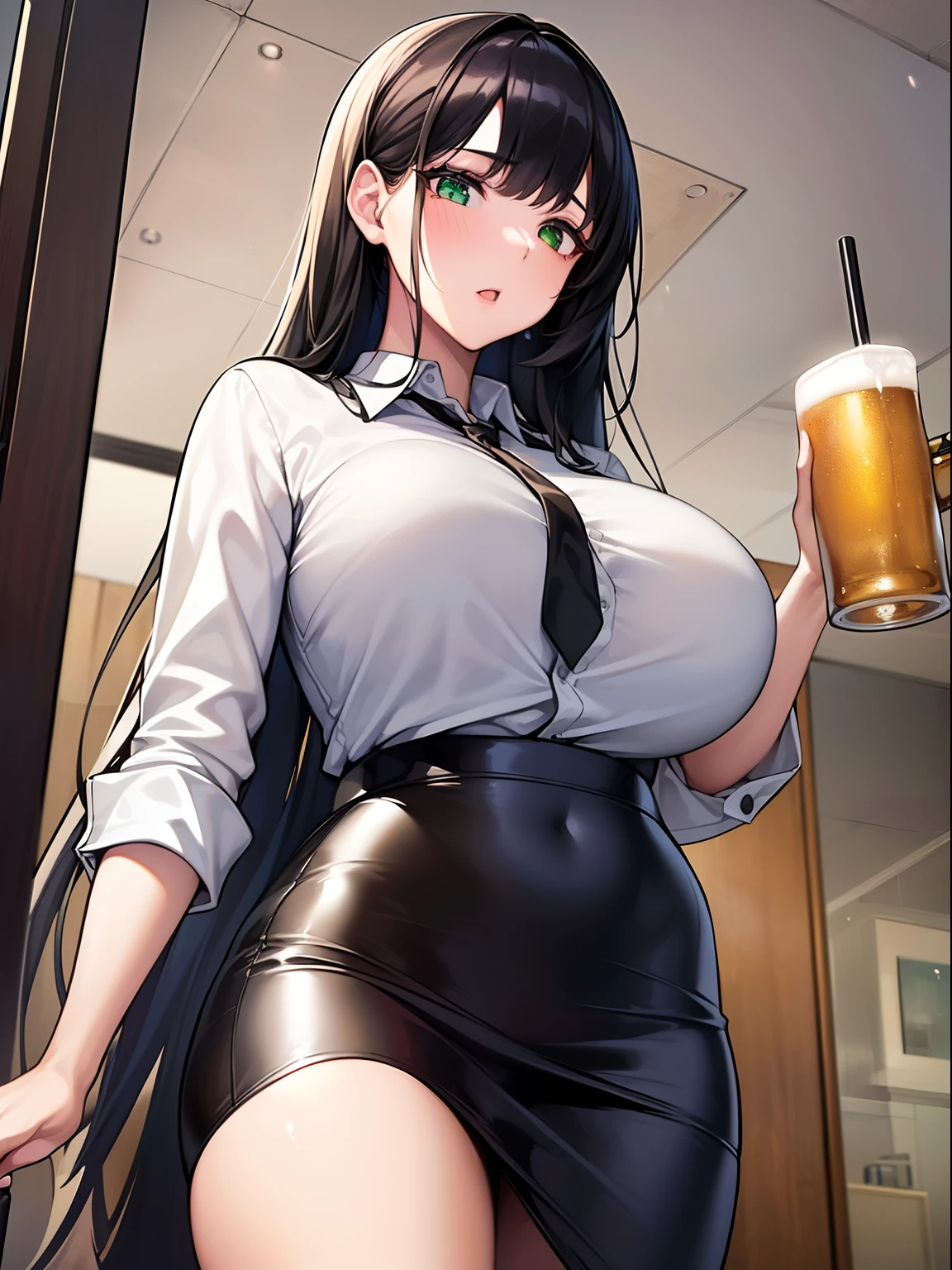 (8K, Best quality, tmasterpiece:1.2),\(eye detailed\),(\(Clothes detail details\)\),Upper body,(huge tit),(Facial focus) ,Very detailed CG unity 8K wallpaper,hugefilesize,ultra - detailed,A high resolution,absurderes,beautidful eyes,Ray traching,dramatic shadow,finely detailled,Dramatic angles,Hyper-detailing,(1 girl:1.3),(Solo),,Mature female,Long hair black,Green eyes,Wearing(white shirt, pencil skirts),action(drinking beer)