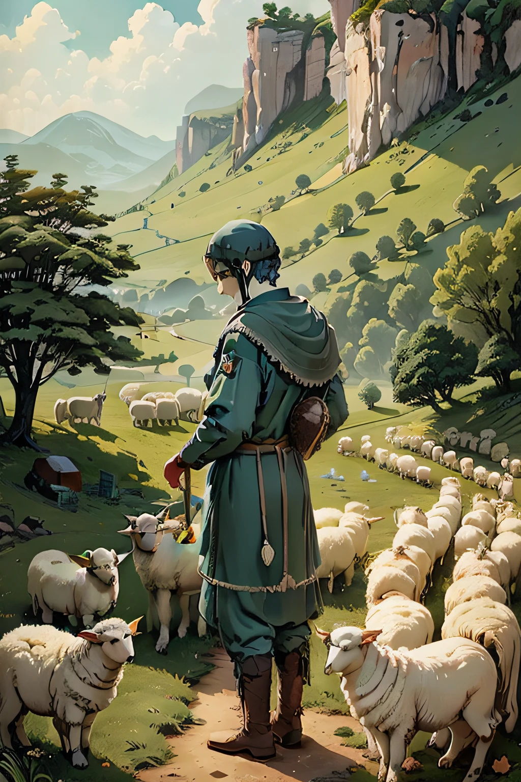 A vigilant shepherd boy caring for his flock of sheep in a serene landscape.