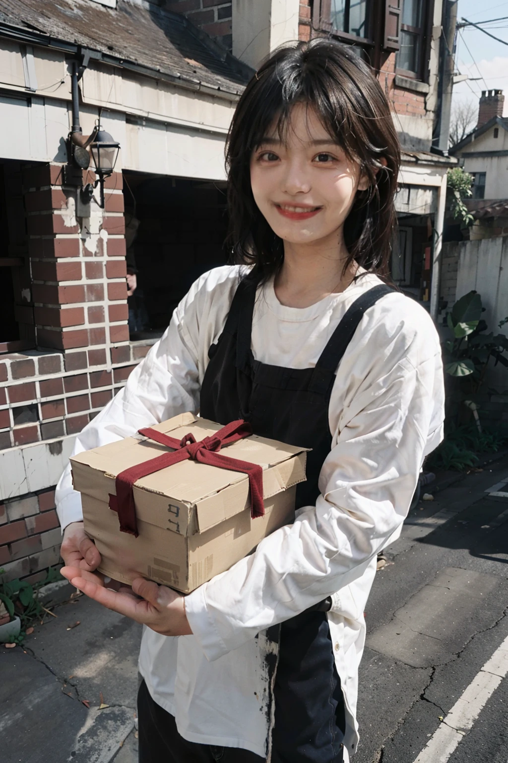 Poor 16-year-old boy, full body, old and slightly dirty clothes, holding a big gift box, with a background of an old brick house, smiling, Very detailed, natural