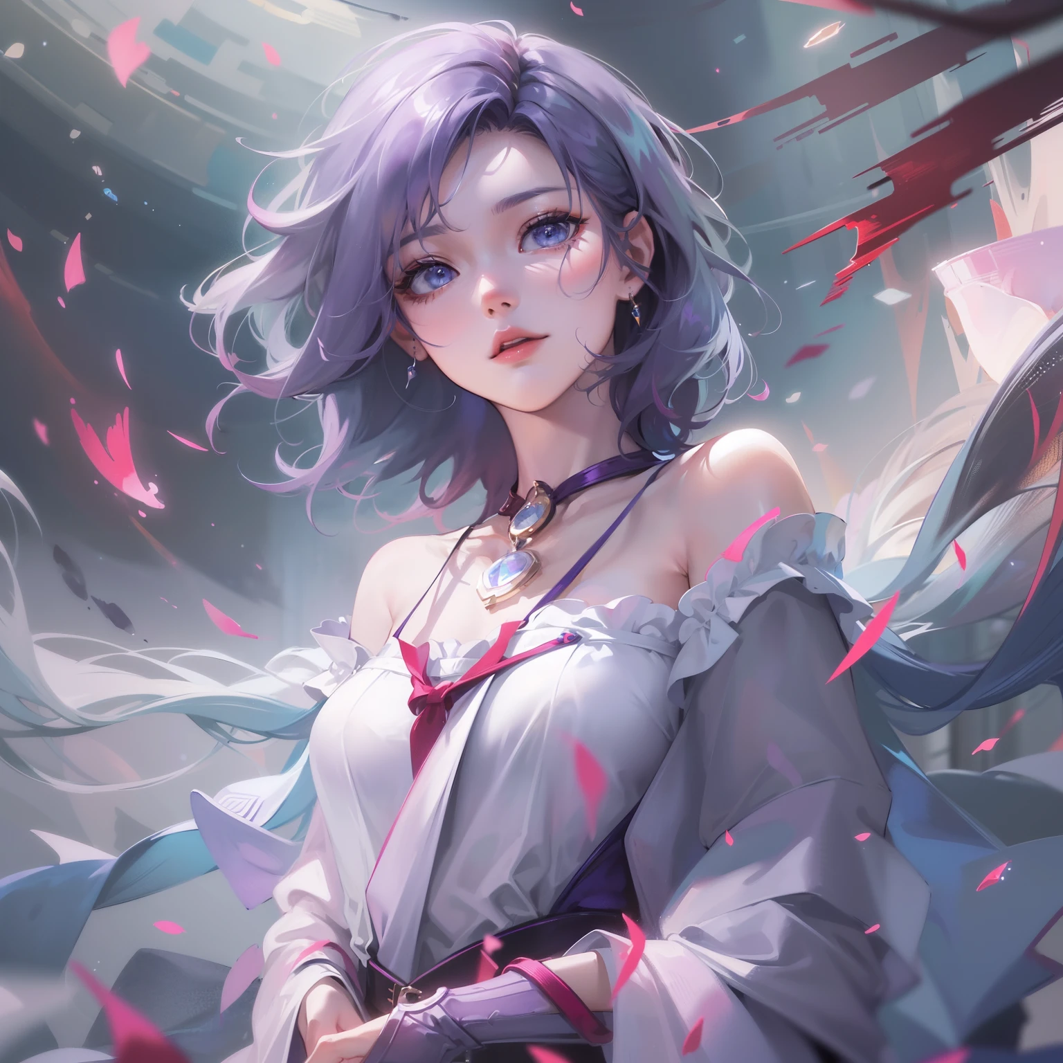 (((quality：HD fine))), Superb quality, Beautiful, Stunning CG Unity 8k wallpaper, The best illustrations, Extremely delicate and beautiful, afloat, A high resolution, dynamic angle, dynamicposes, (one-girl), eBlue eyes, (Purple colored hair),  Neck strap, beautiful countenance，Watercolor effect