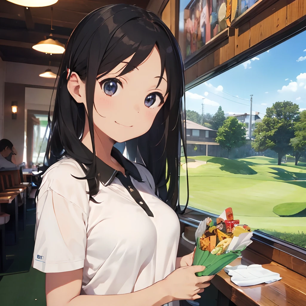 masutepiece, Best Quality, 8K_Wallpaper, (Beautiful eyes), ((Cute)), Cute, (lovely), (Golf course on a sunny day),1girl in,small tits,1 girl,Standing Girl,Smile,facial close-up、portlate(((Playing golf)))、(((Snacks at the restaurant)))、((Golf Wear))、