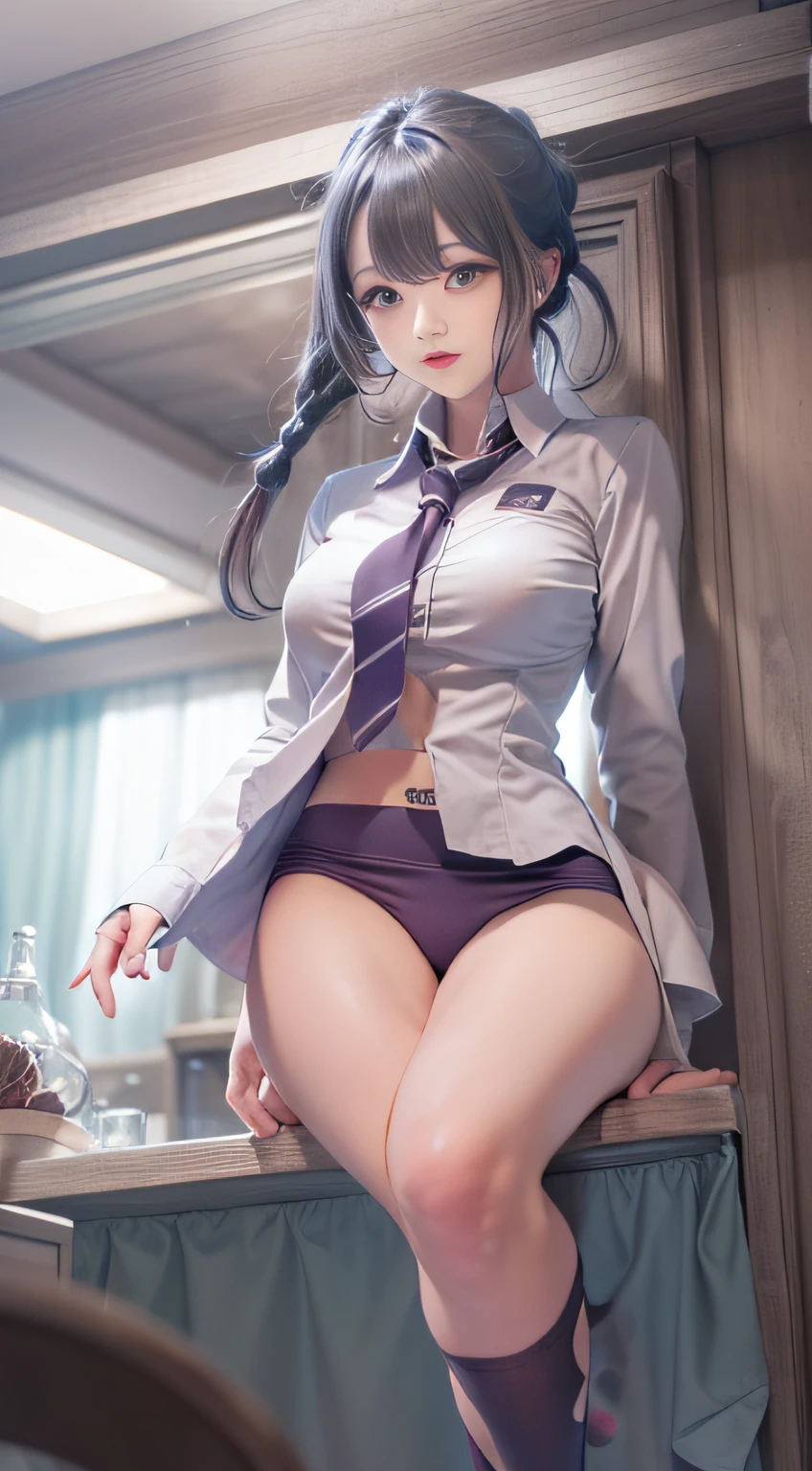 ((Masterpiece)),((Best quality)),Ultra-detailed,illustratio,Explicit,Beautiful body,Beautiful nose,Beautiful character design,Perfect eyes,Perfect face,the wallpaper,超高分辨率,4K,Photography,(Beautiful,Large breasts:1.5),(Beautiful face:1.2),Beautiful legs,Perfect legs,NSFW,full bodyesbian,Shiny skin,Turin Sukumi, 1girll, underwear, Panties, Breasts, Skirt, Red panties, Solo, Green eyes, shirt, Braid, Long hair, Purple hair, White shirt, Clothes lift, Skirt lift, Black skirt, Blush, Single braid, lifted by self, Collared shirt, braidedponytail, bangs, cleavage, Long sleeves, Closed mouth, view the viewer, Thighs, Miniskirt, Dress shirt, standing, side locks, Cowboy shot, Indoors, scowling, From below, pencil skirts, Carmelto, pantyshot