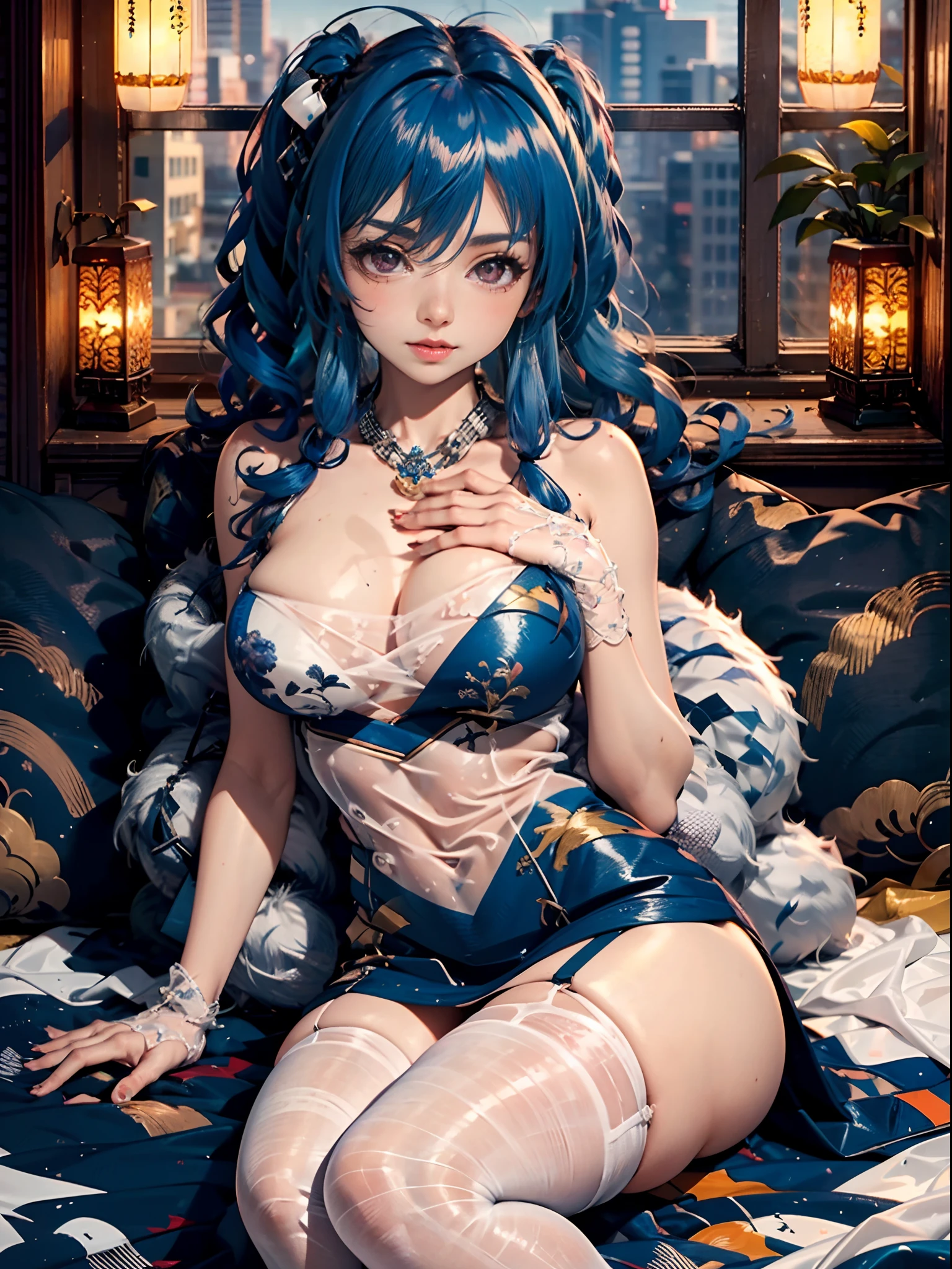 (Enrich the picture,Masterpiece level quality)Beautiful 8K CG artwork,Goddess-like posture,sittinng on the river,Postural exercises,Slim and soft,Translucent skin,Blue hair、The beauty of extra-long hair, Super Long Straight Hair,The skin is fair and juicy,Underwear miniskirt uniform,Perspective Part 1.2x enhanced silhouette effect,Exquisite transparent blues pattern in pajamas,The details are intricate and exquisite,The background is slightly blurred,Charming and lustful leg seduction,Drool,K cup big breasts,Blush,Japan goddess,Perfect body slim curves,Scene by the sea,
