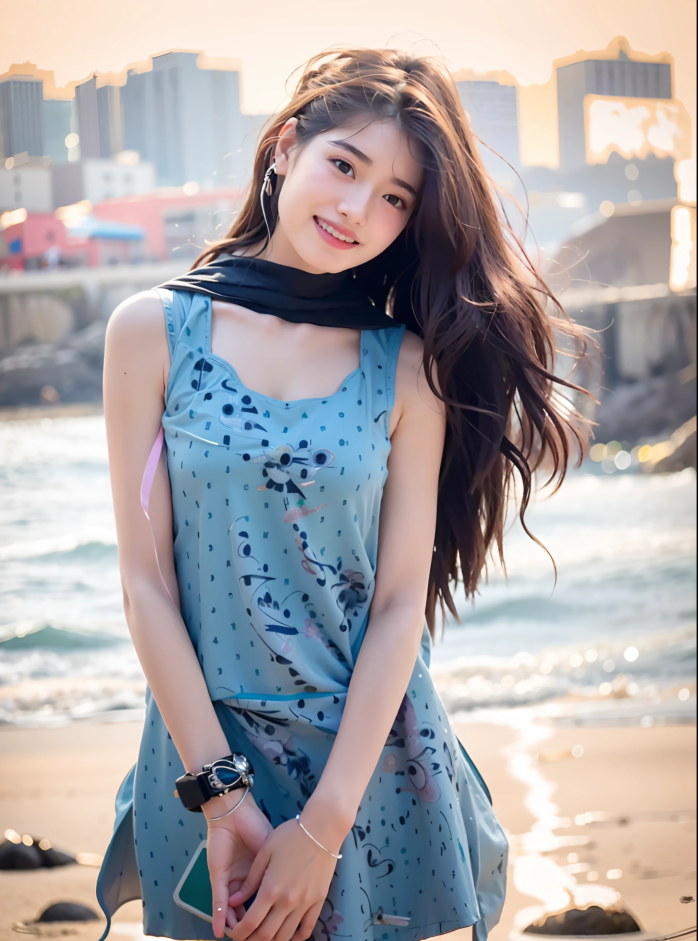 RAW, analog style, delicate, best quality, hyper detail, fine detailed, locate details, colorful, (perfect figure, perfect face), (beautiful 18 years old cute korean girl: 1.3), soft lips, (light eyebrows: 1.4), 1 female, 18 years old, solo focus, skinny, pale skin, soft lips, ( Light eyebrows: 1.4), shiny brown eyes, long black hair, hairpins, medium chest, beautiful and delicate sky, flowing hair, (nose blush), beautiful and delicate eyes, pink dress, smile, best quality, super high resolution, (realism: 1.4), hyperrealism, 1 girl, looking at the audience, smile, cute, big boobs,full body, C cup, supple skin, cute charming round face, very detailed, delicate collarbone, sapphire necklace, charming figure, blue girl dress, smile, (beach background, Seagulls in the distance, soft sea breeze, playful pose)