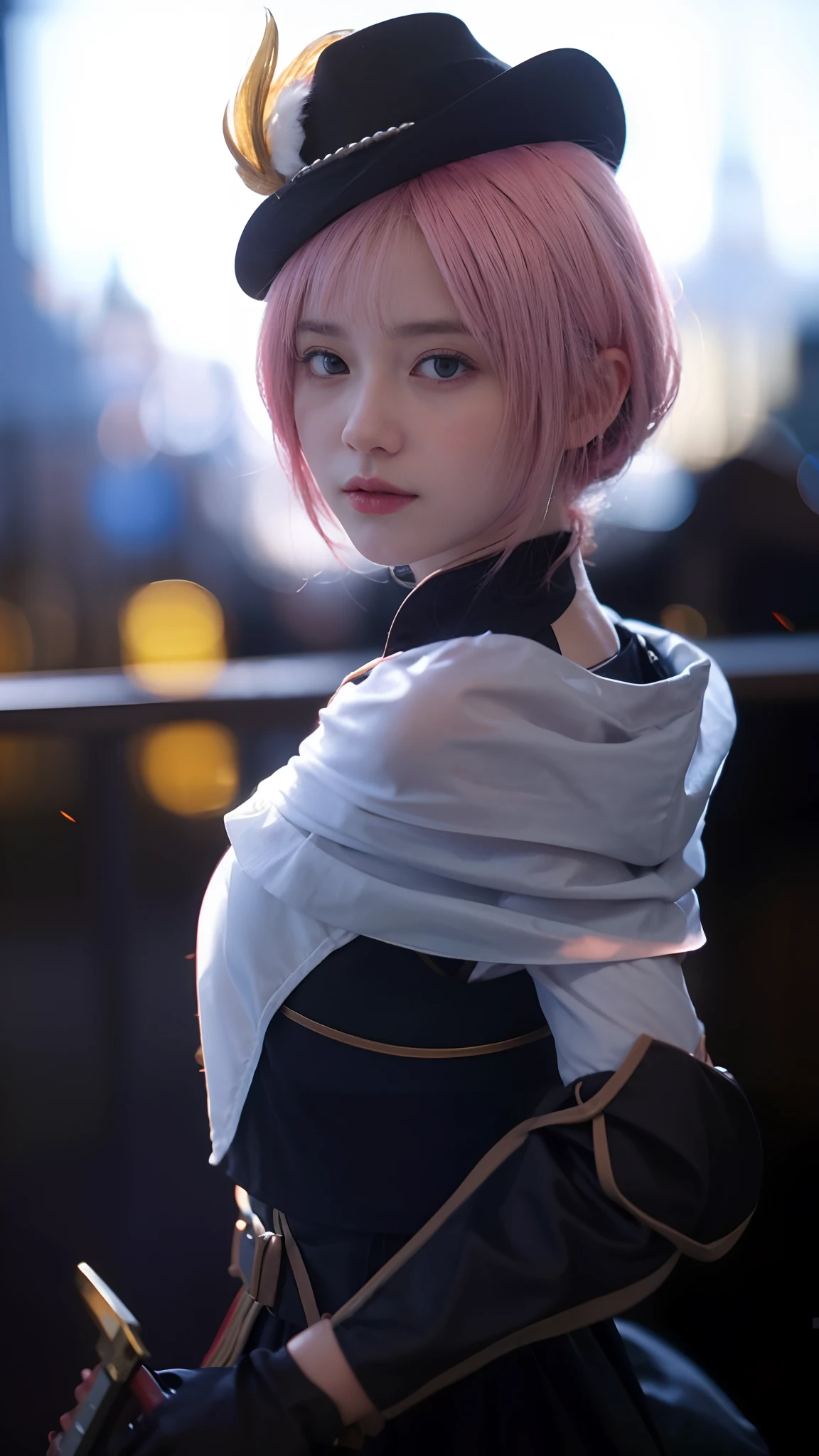 (8k, best quality, masterpiece:1.2), (realistic, photo-realistic:1.37), ultra-detailed, A detailed portrait of 1 girl 18 year old, cute girl, british girl, royal outfits, holding sword, pale skin, perfect body, blue eyes, pink hair. The scene is illuminated with professional lighting, photon mapping, and radiosity, with Tetsuya Nomura Style. Blur bokeh effect, realistic light.