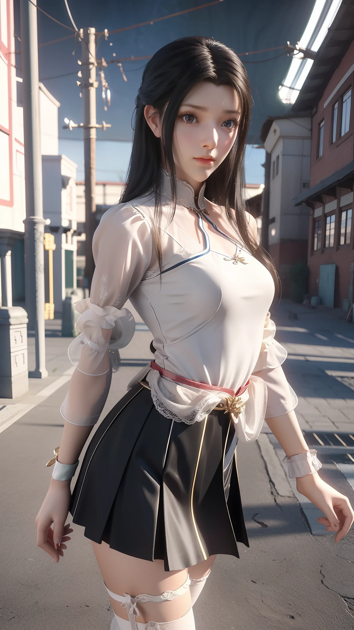 Arad woman poses for a photo in a short skirt and white shirt, Surrealism female students, Surrealism female students, Realistic schoolgirl, photorealistic anime girl rendering, thighhighs and skirt, 3 d anime realistic, small curvaceous loli, wearing skirt and high socks, Photorealistic anime, cute female student, Realistic anime 3 D style, Female Student