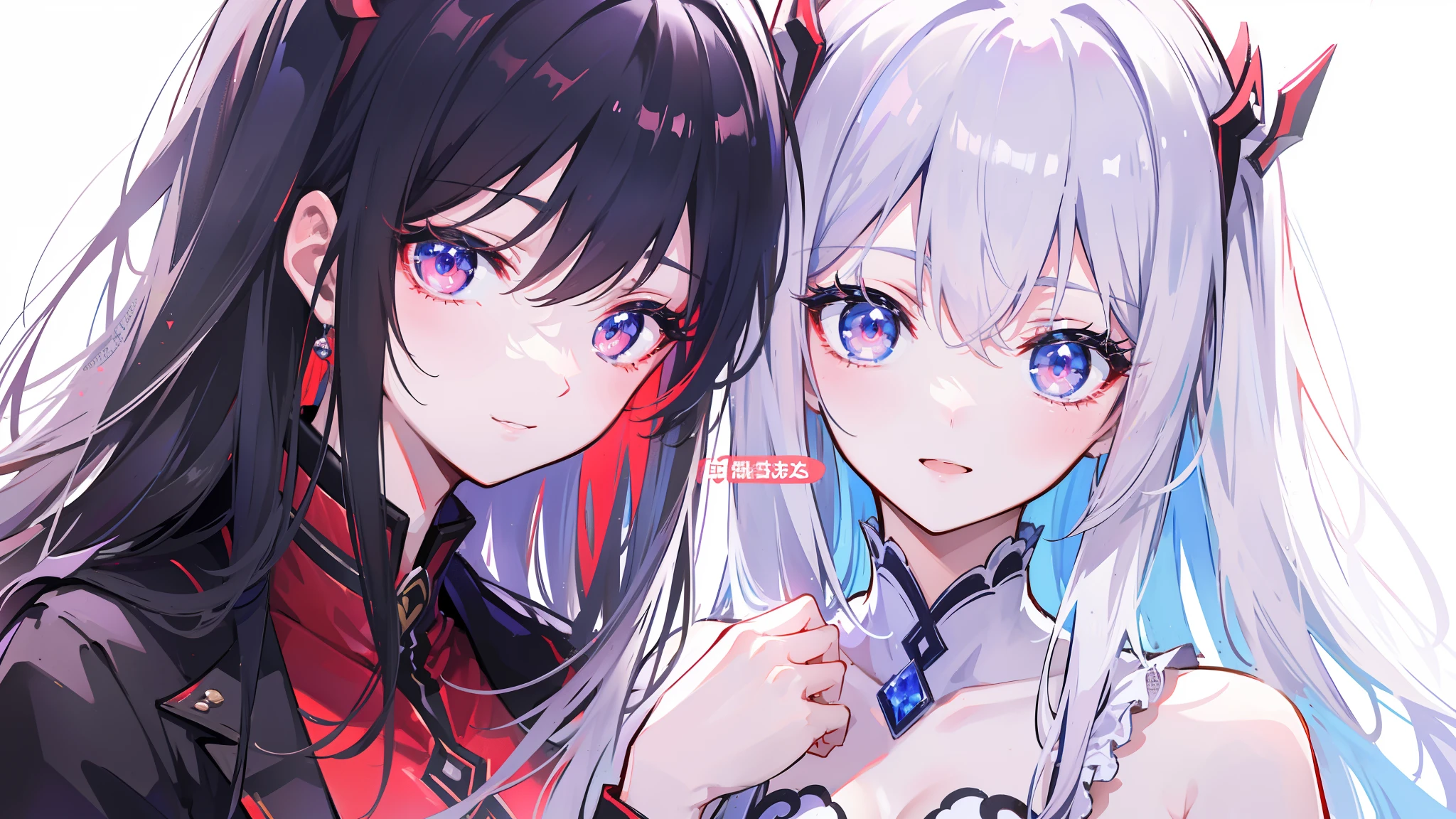 (masterpiece), highest quality, expressive eyes, Two girls standing next to each other, by Pu Hua, Featured on Art Station, gothic art, Black and white with red heart, Beautiful Gemini twins portrait, Streaming on Twitch, with long white hair, reddish, Hand in hand, anthro, beautifully rendered, hug
