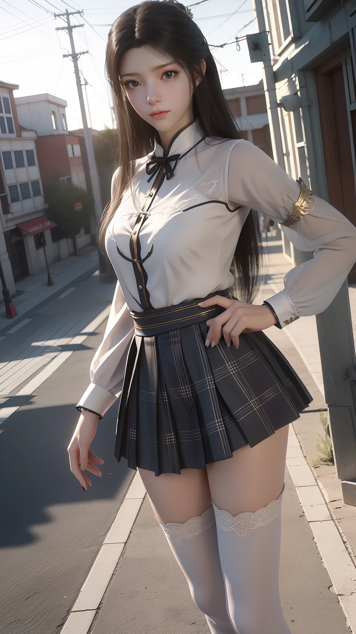 Arad woman poses for a photo in a short skirt and white shirt, Surrealism female students, Surrealism female students, Realistic schoolgirl, photorealistic anime girl rendering, thighhighs and skirt, 3 d anime realistic, small curvaceous ****, wearing skirt and high socks, Photorealistic anime, cute female student, Realistic anime 3 D style, Female Student