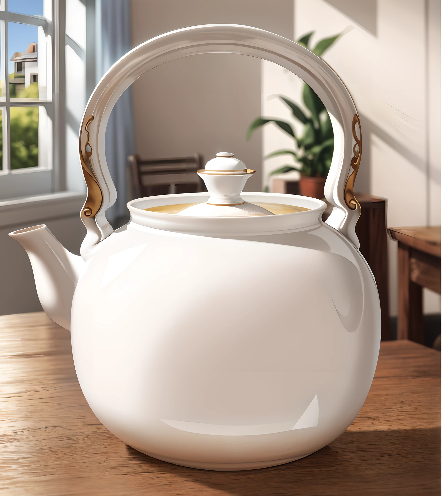 （A white teapot sits on an old wooden table：1.2),In a realistic environment,8k