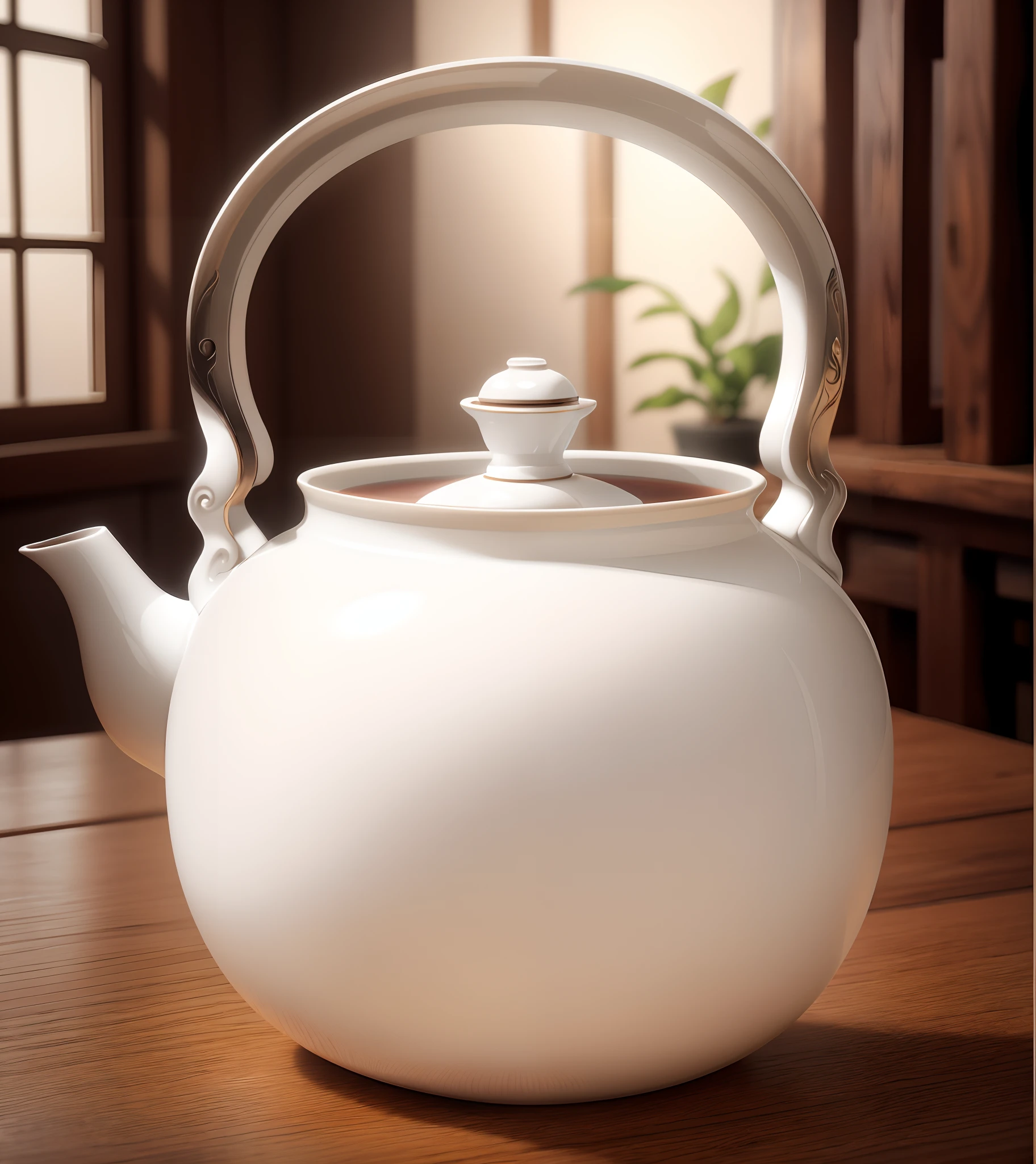 （A white teapot is placed on a wooden table：1.2),In a realistic environment,4k