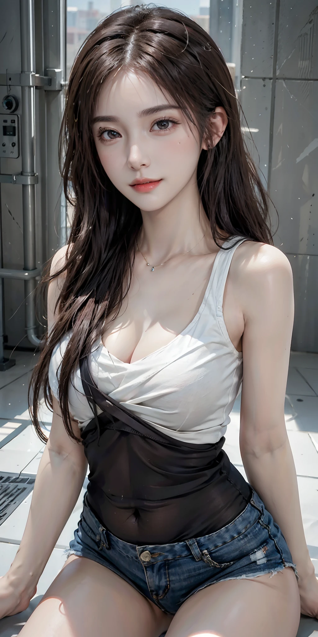 photorealistic, high resolution, soft light,1women, solo, hips up, (detailed face),tattoo, jewelry, T-shirt with Rough Chest, Beautiful Soldier, Eyes That Invite Viewer, Lover's Perspective, Inviting Expression, Sexy Smile, Perfect Style, Perfect Balance, Detailed Skin, Naughty Gaze, Chest Visible