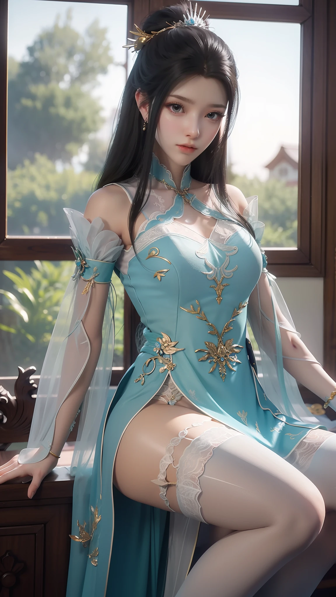 Arad woman in blue dress sitting on windowsill, cute anime waifu in a nice dress, trending on cgstation, 8K high quality detailed art, anime barbie in white stockings, highly detailed exquisite fanart, Extremely detailed Artgerm, the anime girl is crouching, flowing magical robe, beautiful and seductive anime woman, WLOP and Sakimichan