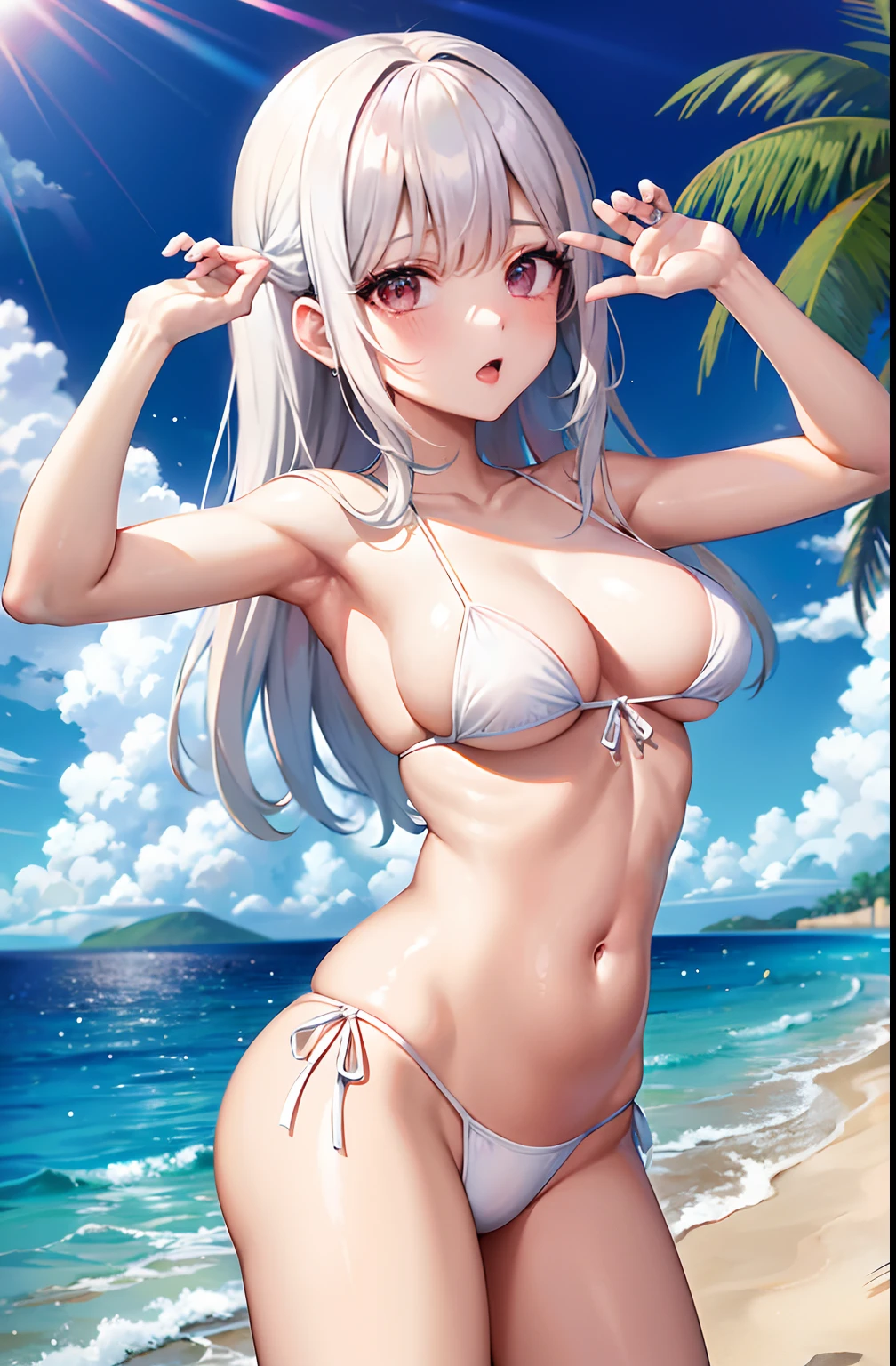 melhor qualidade, Ultra high resolution, 1girl, camisa branca sem mangas, white Swimsuit, gargantilha preta, fofa, (kpop idol), (aegyo sal:1), (cabelo loiro platinado:1), ((olhos inchados)), olhando no observador, corpo inteiro, de frente
