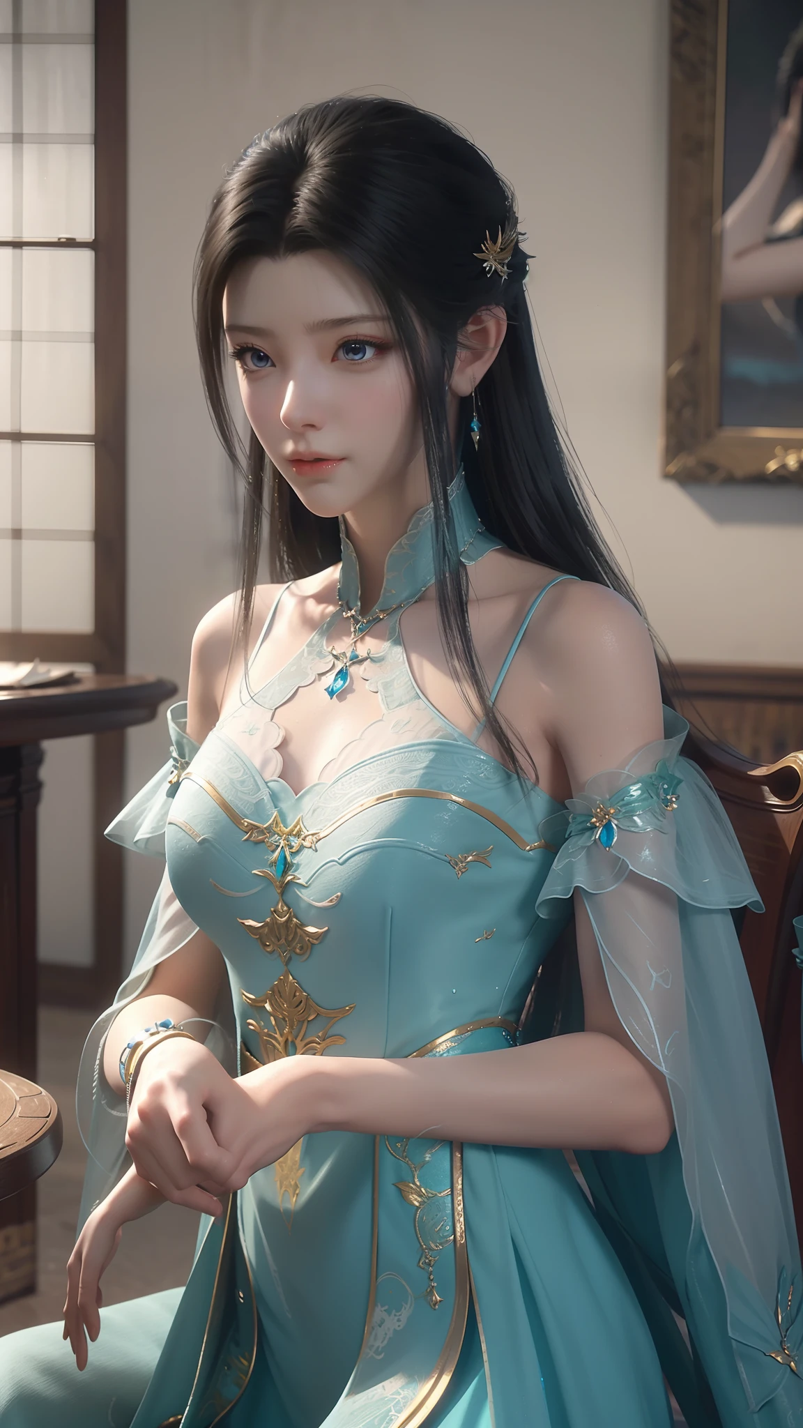 The Arad woman in a blue dress sits at the table, closeup fantasy with water magic, 2. 5 D CGI anime fantasy artwork, Anime fantasy illustration, Detailed digital anime art, beautiful fantasy anime, Smooth anime CG art, Anime fantasy artwork, 8K high quality detailed art, Realistic anime 3 D style, ultra detailed water, beautiful and seductive anime woman