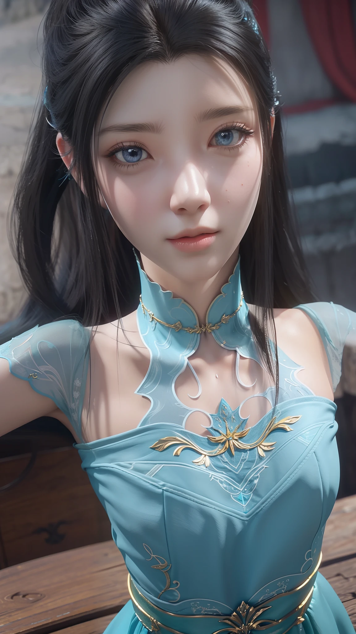 1 realistically beautiful girl, waist length hair, long black hair with a hint of blue,light blue eyes, ancient Ao Dai, style hanfu, wearing a thin silk shirt of ancient China, pink and smooth white skin, wearing a discreet ancient style ao dai, appears shoulders and head in the photo,cute little face, eye bags under wet makeup, plump red lips, pout, ((closed mouth:1.0)), balanced incisors, embarrassed, small face makeup detailed and very beautifull, The breasts are super round and tight, breast augmentation, blum boobs, Cover the girl's chest with a camisole inside, blush, from front, wear earrings, necklaces, from above, looking at viewer, upturned eyes, full body, masterpiece, top quality, best quality, official art, unity 8k wallpaper, highres, ultra-high res, ultra-detailed, (photorealistic:1.2), alone, solo, Only 1 girl, style hanfu Dunhuang, 10x pixels, super realistic, ultra high quality, full body view of the girl, upper body,