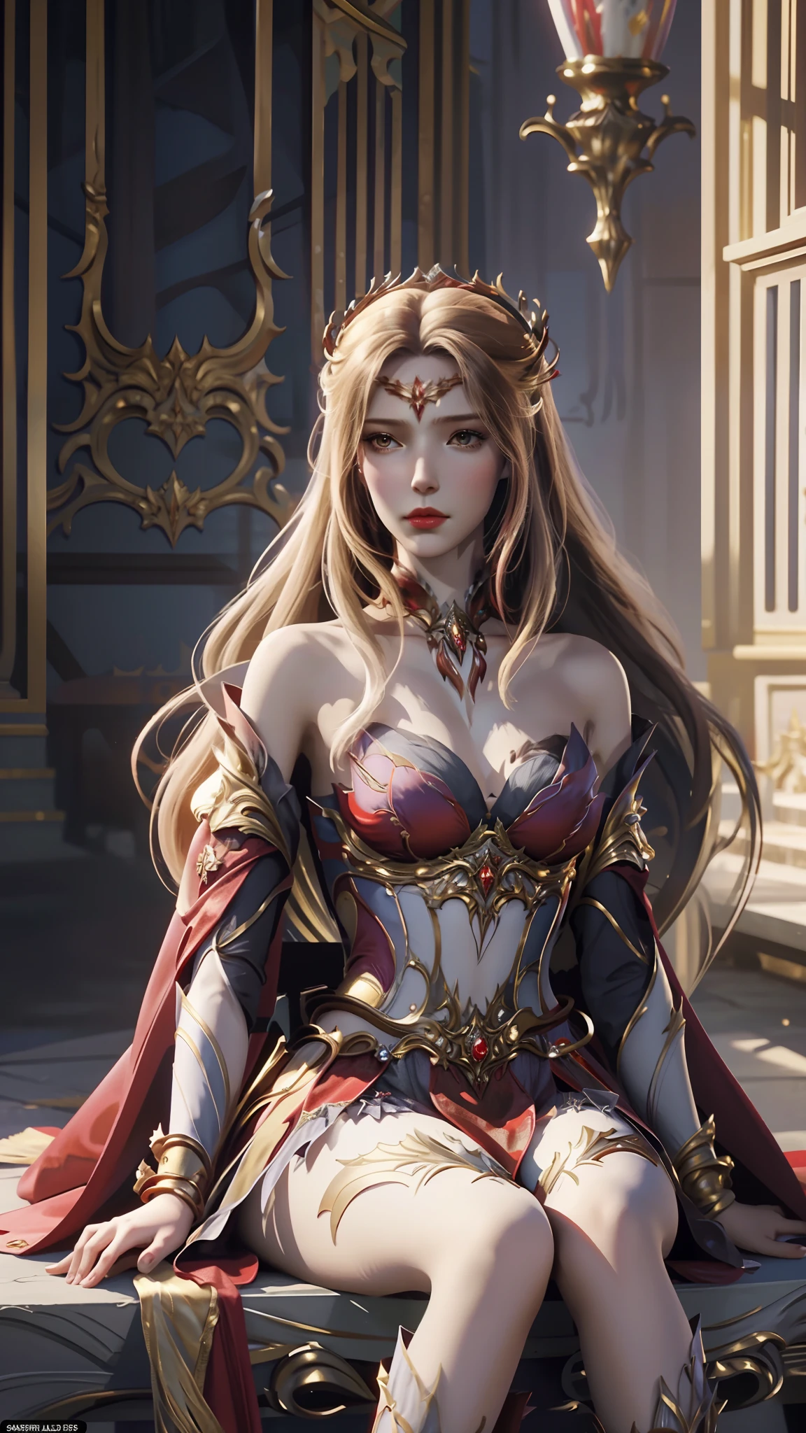 The Araved woman in a dress sits on a red bench by the water, a photorealistic painting inspired by Magali Villeneuve, cgsociety contest winner, Fantasy art, wearing gilded red robes, lady in red armor, wearing gilded red royal robes, Gorgeous Role Play, scarlet witch costume, wearing wizard robes, robe, aly fell and artgerm