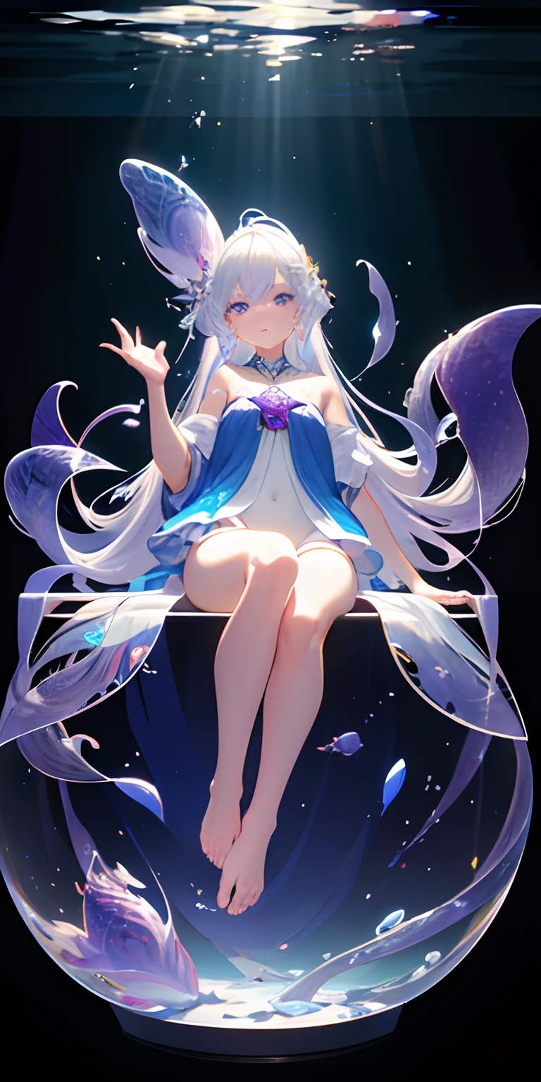[(Transparent background:1.5)::5],(((masterpiece))),(((best quality))),(((extremely detailed))),illustration, 1girl,solo,mysterious,vivid color,shiny, underwater transparent sealed hemispherical glass dome, (white hair),(purple eyes), full body,barefoot,long hair tranquil nature, koi,Underwater, Dome,close up,Dynamic actions,Lens perspective,(((Box composition))),sit cross-legged and lean against the bookshel, volumetric lighting, multi-color eyes, detailed eyes, hyper detailed,light smile, highly detailed, beautiful, small details, ultra detailed, best quality, intricate, 4k, 8k, trending on artstation, good anatomy, beautiful lighting, award-winning,