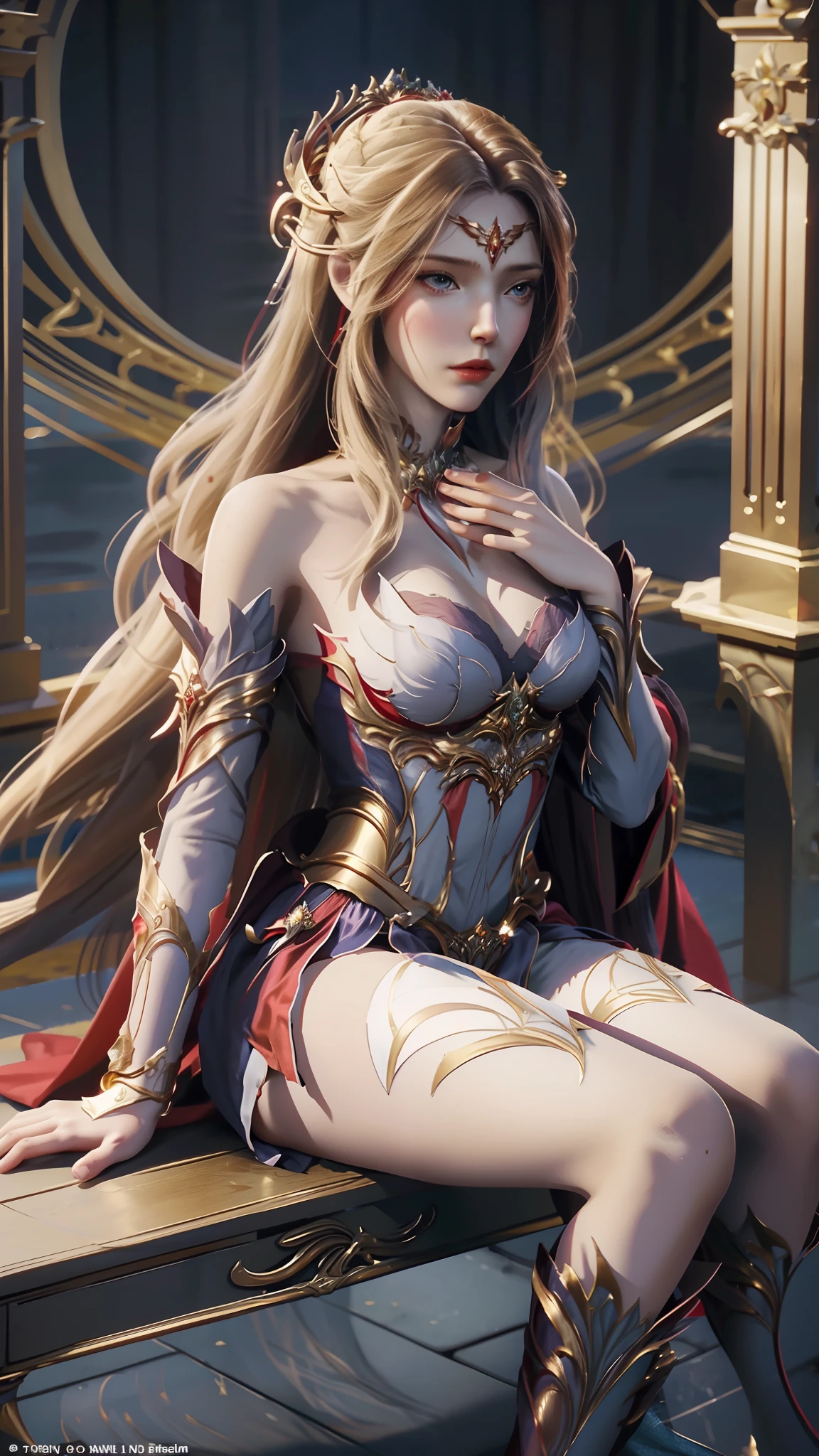 The Araved woman in a dress sits on a red bench by the water, a photorealistic painting inspired by Magali Villeneuve, cgsociety contest winner, Fantasy art, wearing gilded red robes, lady in red armor, wearing gilded red royal robes, Gorgeous Role Play, scarlet witch costume, wearing wizard robes, robe, aly fell and artgerm