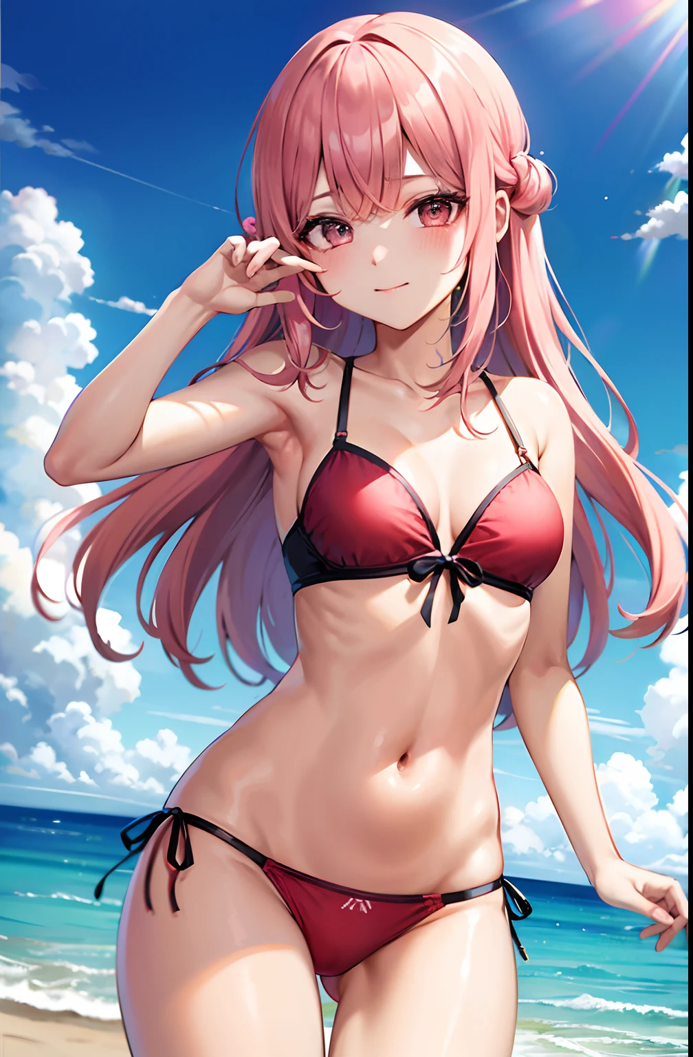 melhor qualidade, Ultra high resolution, 1girl, camisa branca sem mangas, pink Swimsuit, gargantilha preta, fofa, (kpop idol), (aegyo sal:1), (cabelo loiro platinado:1), ((olhos inchados)), olhando no observador, corpo inteiro, de frente