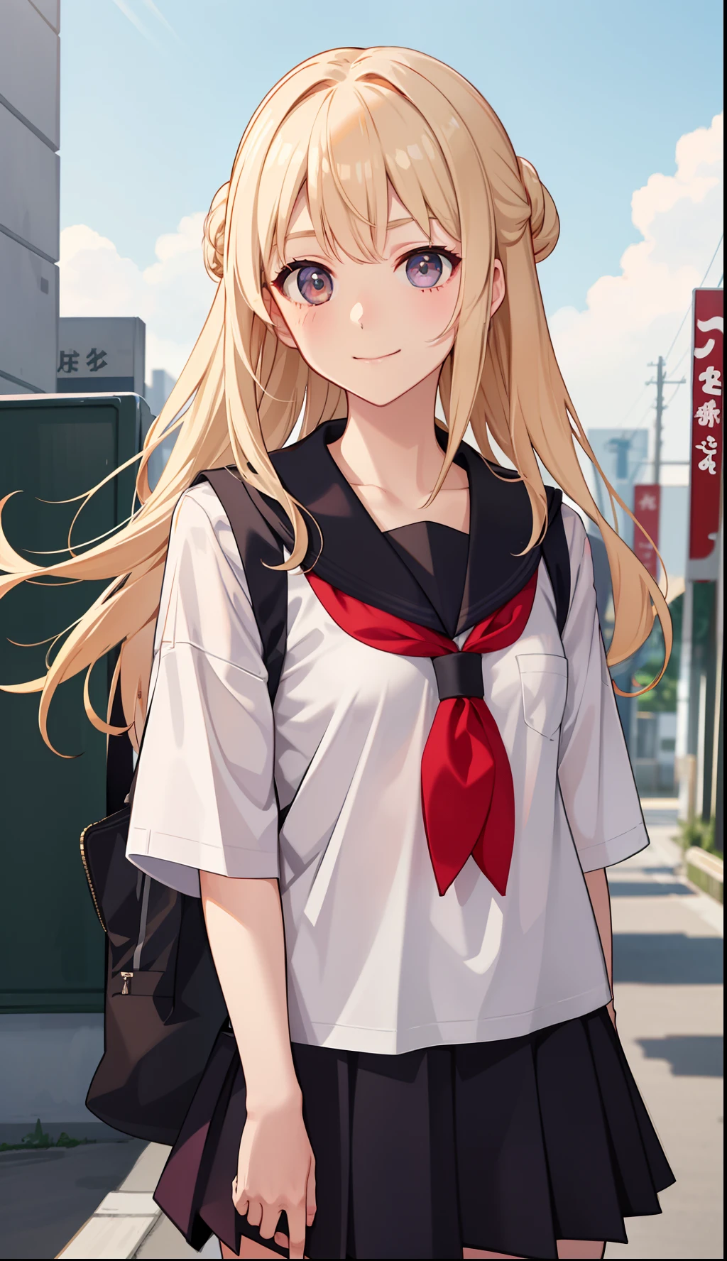 1girl in、A smile、The shirt、skirt by the、(small tits)Chilarism、Japan High School Student Uniform、serafuku、summer clothing、morning、Coming to school、Not being able to make it to class in time、Impatient、dash、Whirlwind、Dashing、(Sheer Bra)、Upper body portrait、blonde hair、