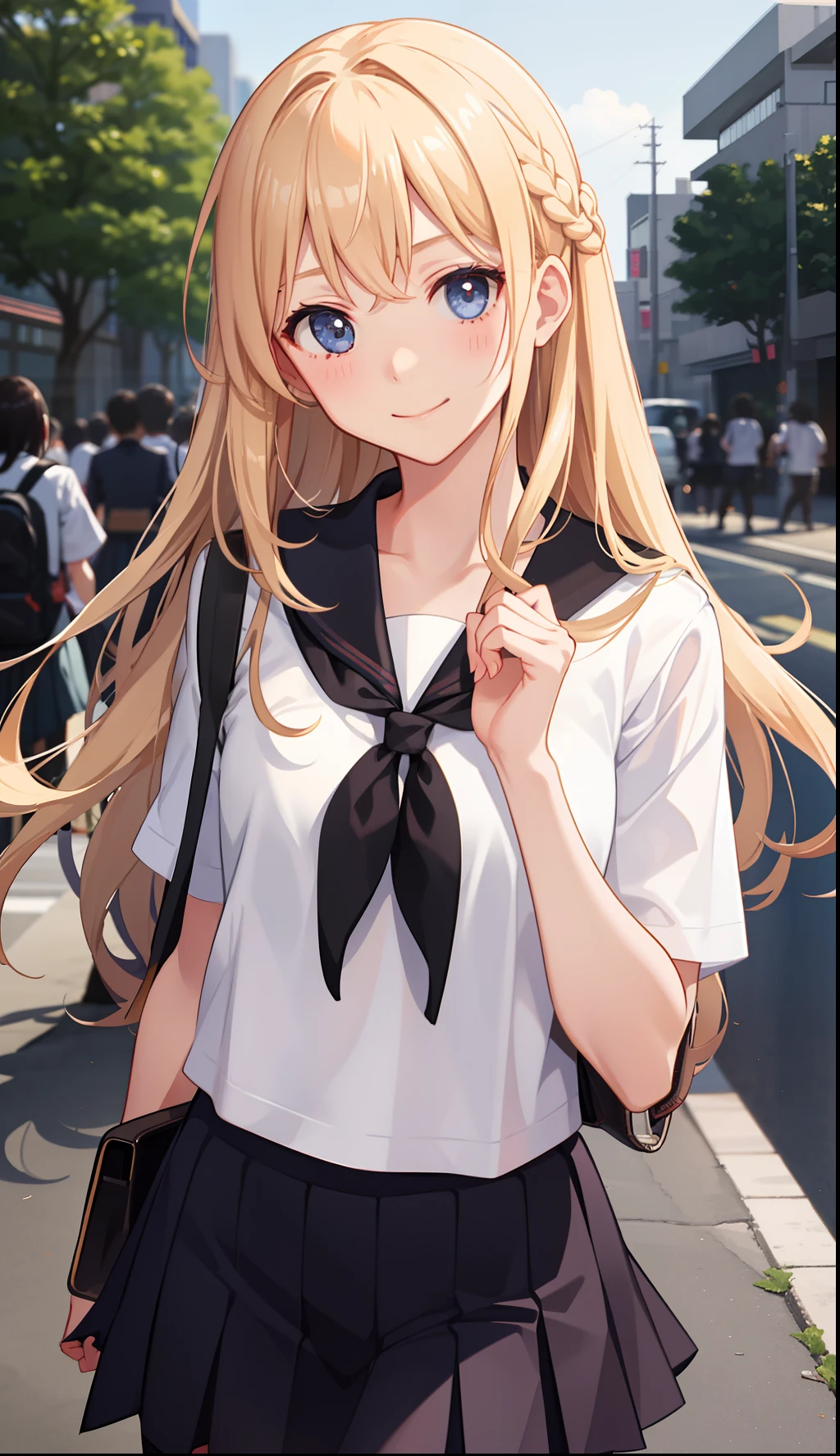 1girl in、A smile、The shirt、skirt by the、(small tits)Chilarism、Japan High School Student Uniform、serafuku、summer clothing、morning、Coming to school、Not being able to make it to class in time、Impatient、dash、Whirlwind、Dashing、(Sheer Bra)、Upper body portrait、blonde hair、