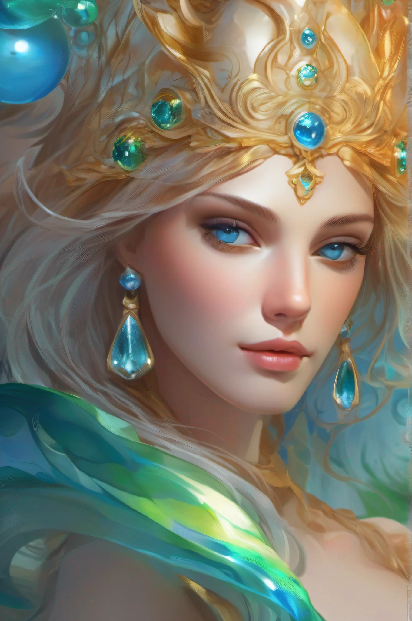 Portrait of triton, fantasy, gradient white blue green, dreamy and ethereal, blue eyes, golden ratio, peaceful expression, ornate frilly dress, fantasy, intricate, elegant, rainbow bubbles, highly detailed, digital painting, artstation, concept art, smooth, b sharp focus, illustration, art by artgerm and greg rutkowski and alphonse mucha