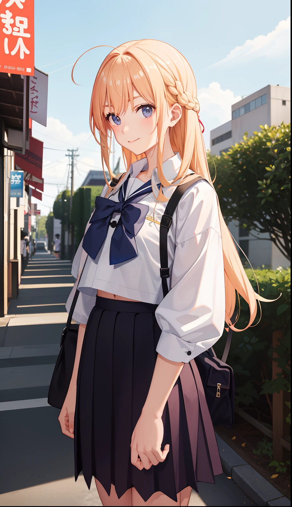 1girl in、A smile、The shirt、skirt by the、(small tits)Chilarism、Japan High School Student Uniform、serafuku、summer clothing、morning、Coming to school、Not being able to make it to class in time、Impatient、dash、Whirlwind、Dashing、(Sheer Bra)、Upper body portrait、blonde hair、